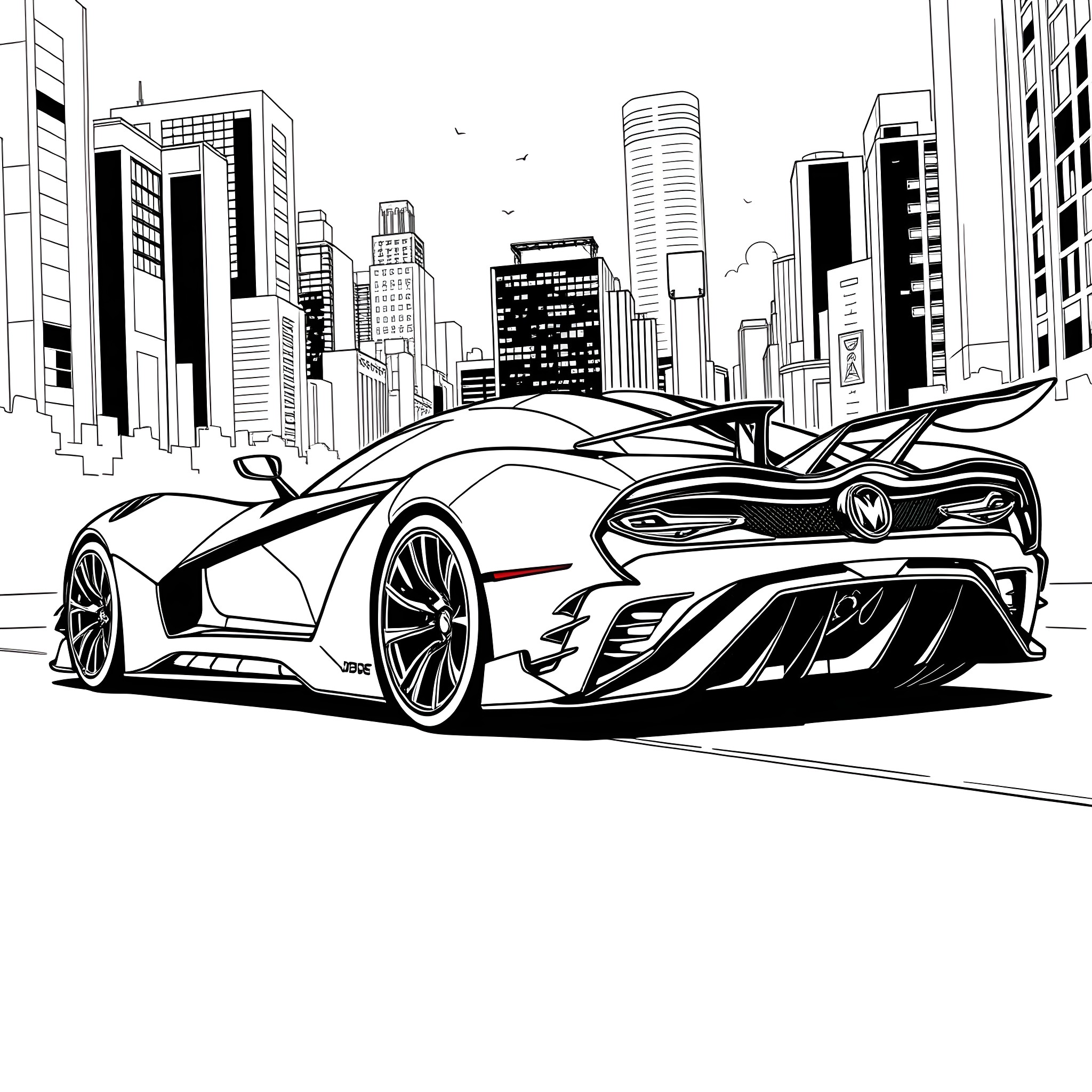 Bat Mobile speeding through futuristic city Coloring Page (free black-and-white line drawing printable PDF for all, from beginners to advanced learners, including children, teens, adults, and seniors)