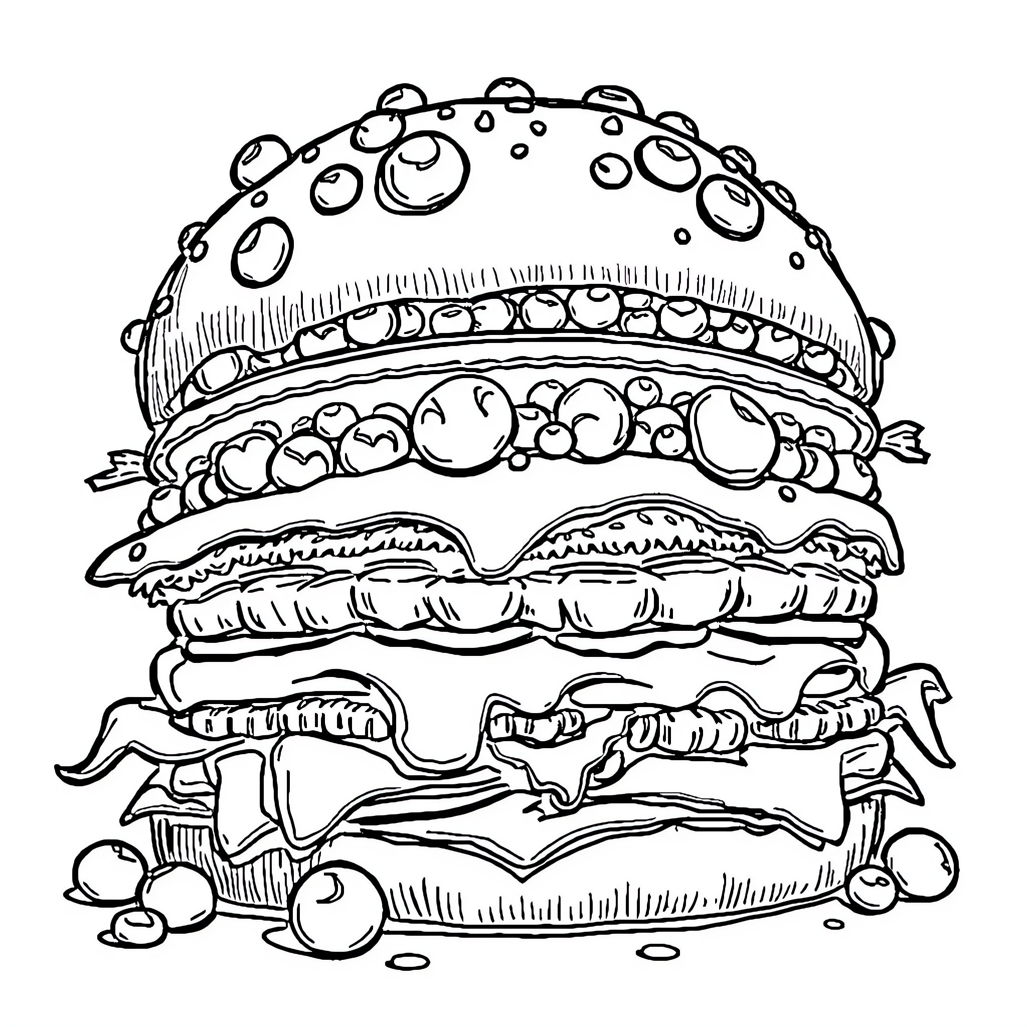Burger with Intricate Details Coloring Page (free black-and-white line drawing printable PDF for all, from beginners to advanced learners, including children, teens, adults, and seniors)