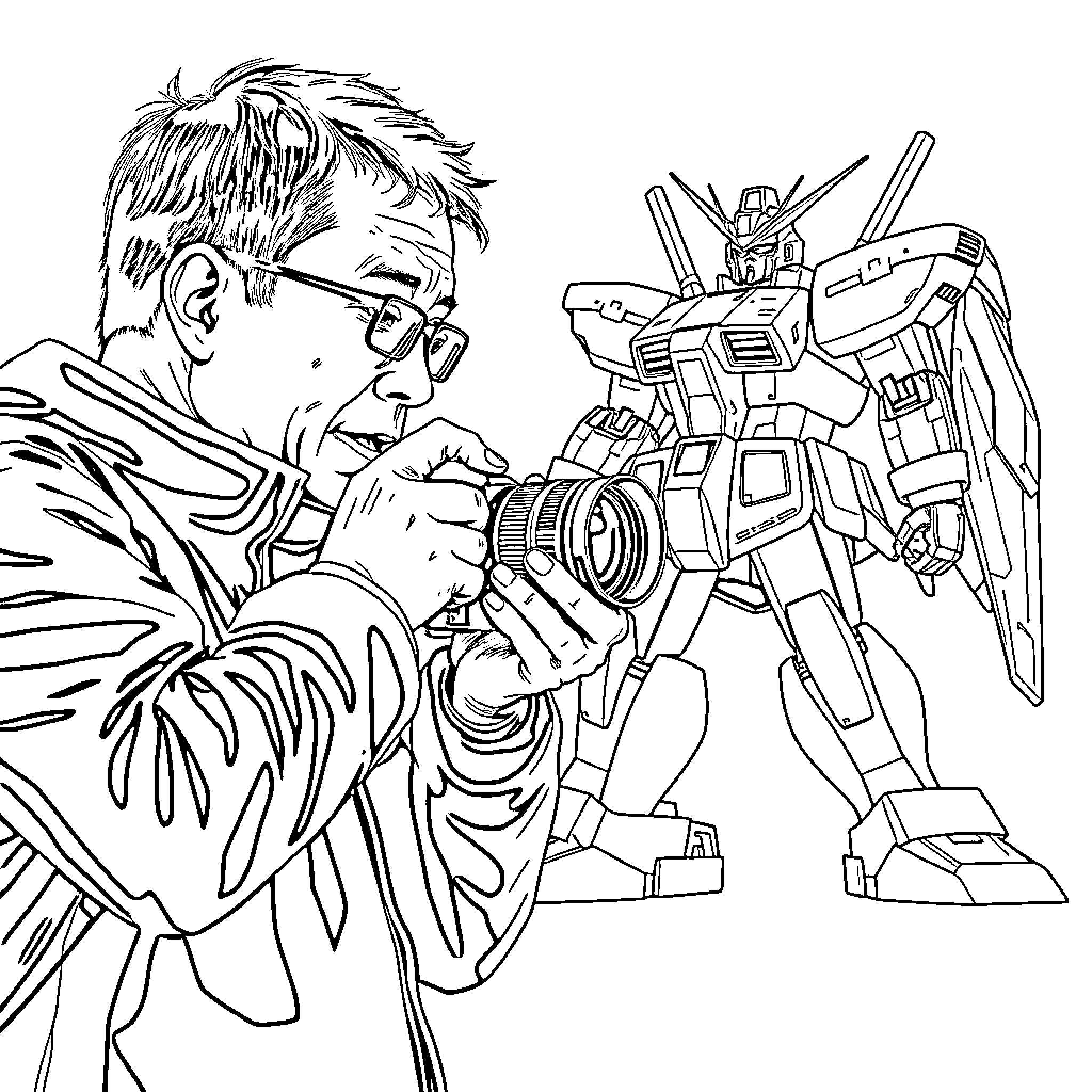 Photographer capturing mech robot in action Coloring Page (free black-and-white line drawing printable PDF for all, from beginners to advanced learners, including children, teens, adults, and seniors)
