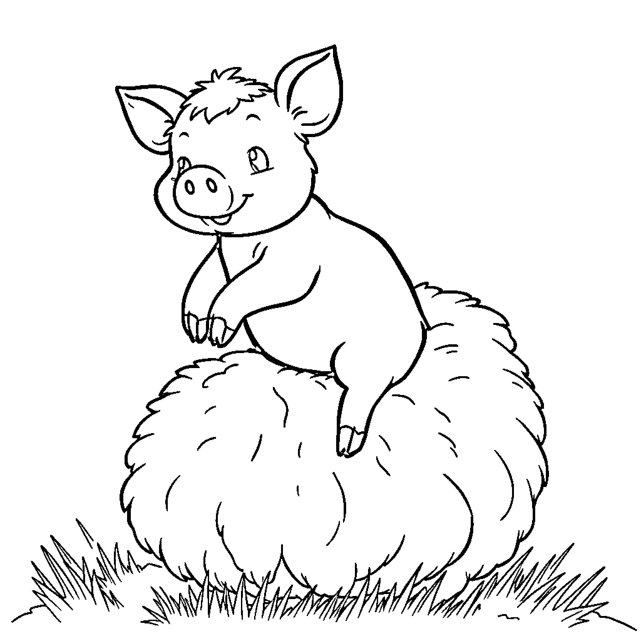 Pig sitting in a grassy field Coloring Page (free black-and-white line drawing printable PDF for all, from beginners to advanced learners, including children, teens, adults, and seniors)