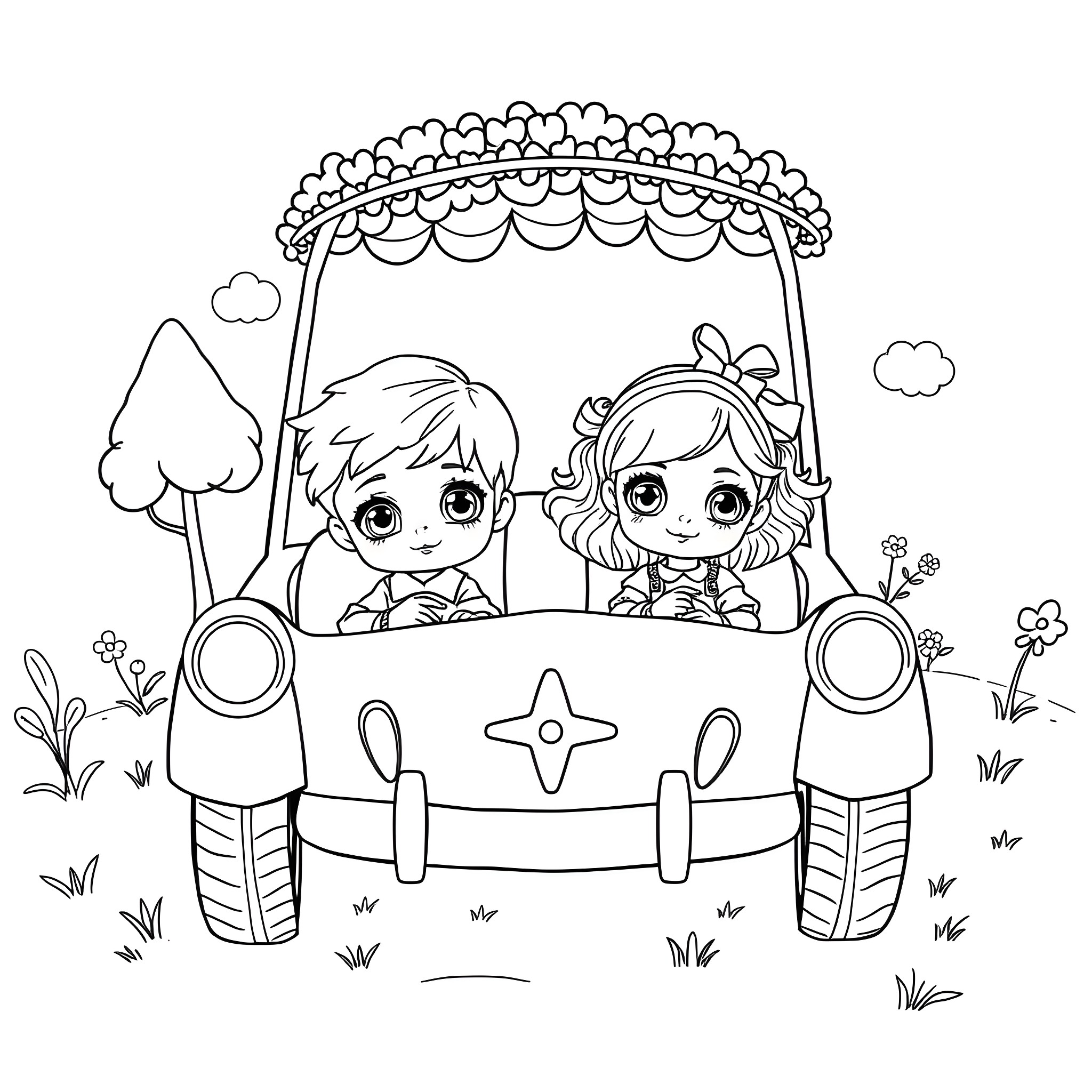 Doll Couple Riding in a Decorated Vehicle Coloring Page (free black-and-white line drawing printable PDF for all, from beginners to advanced learners, including children, teens, adults, and seniors)