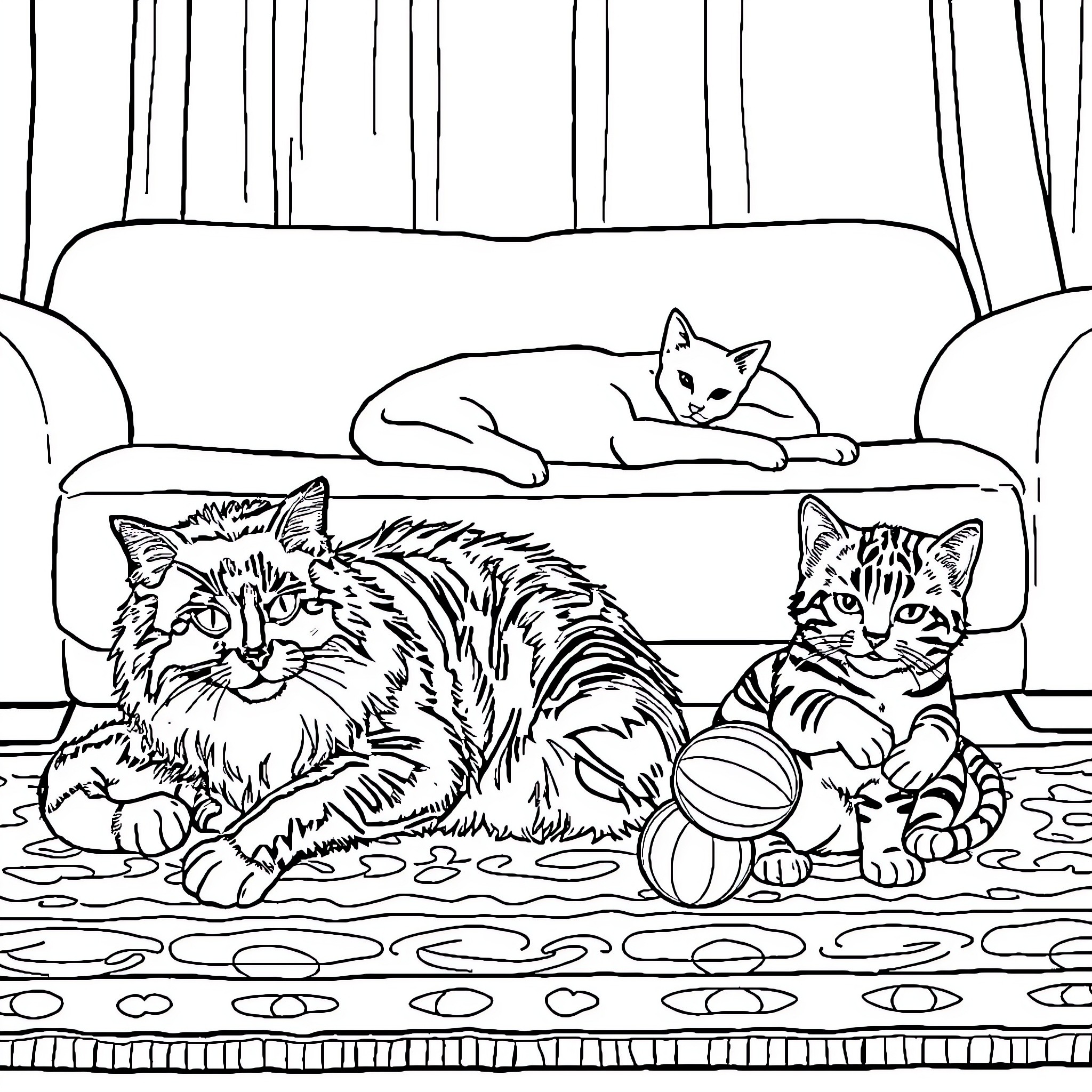 Chat with Cats on a Cozy Sofa Coloring Page (free black-and-white line drawing printable PDF for all, from beginners to advanced learners, including children, teens, adults, and seniors)