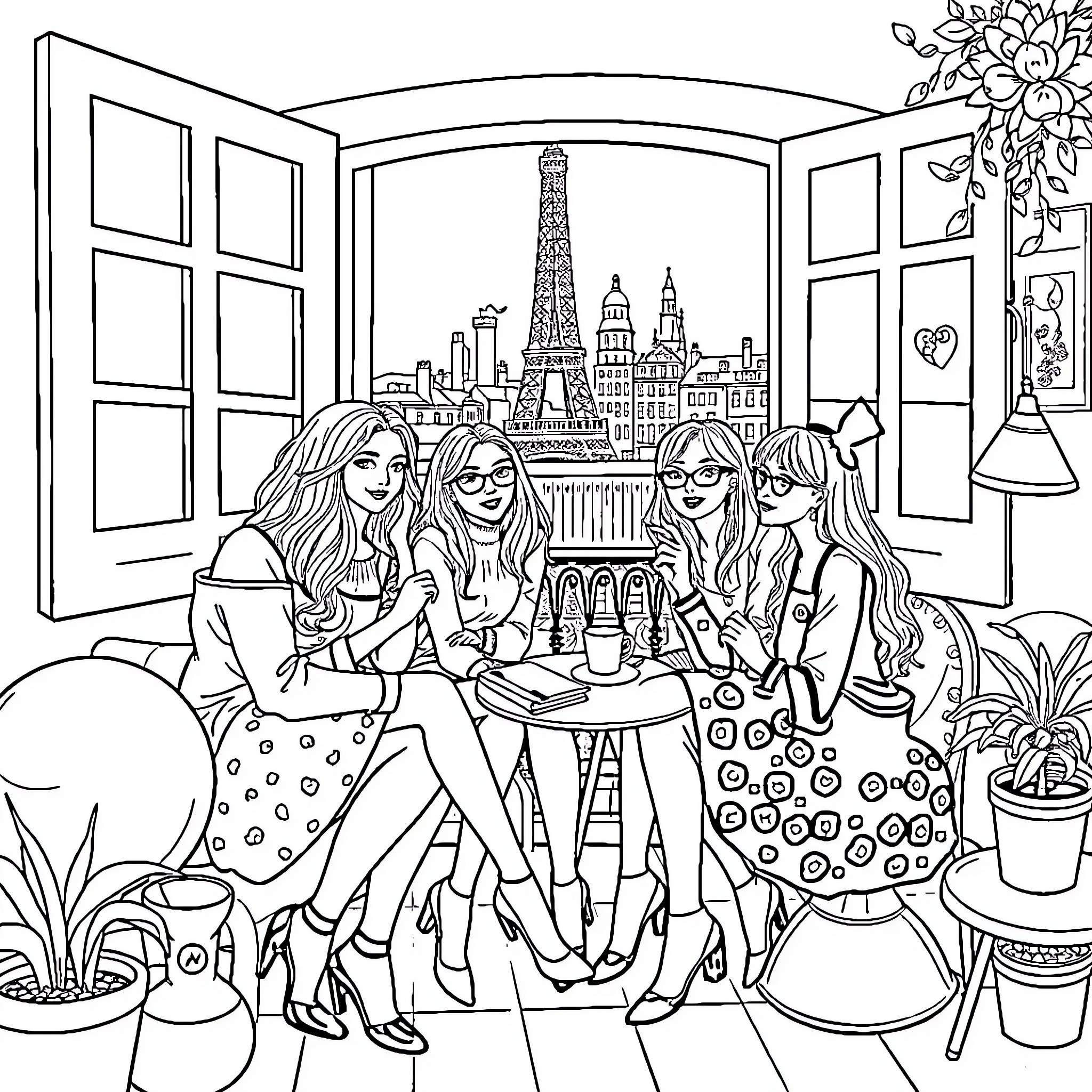 Girl friends enjoying coffee in Paris cafe Coloring Page (free black-and-white line drawing printable PDF for all, from beginners to advanced learners, including children, teens, adults, and seniors)