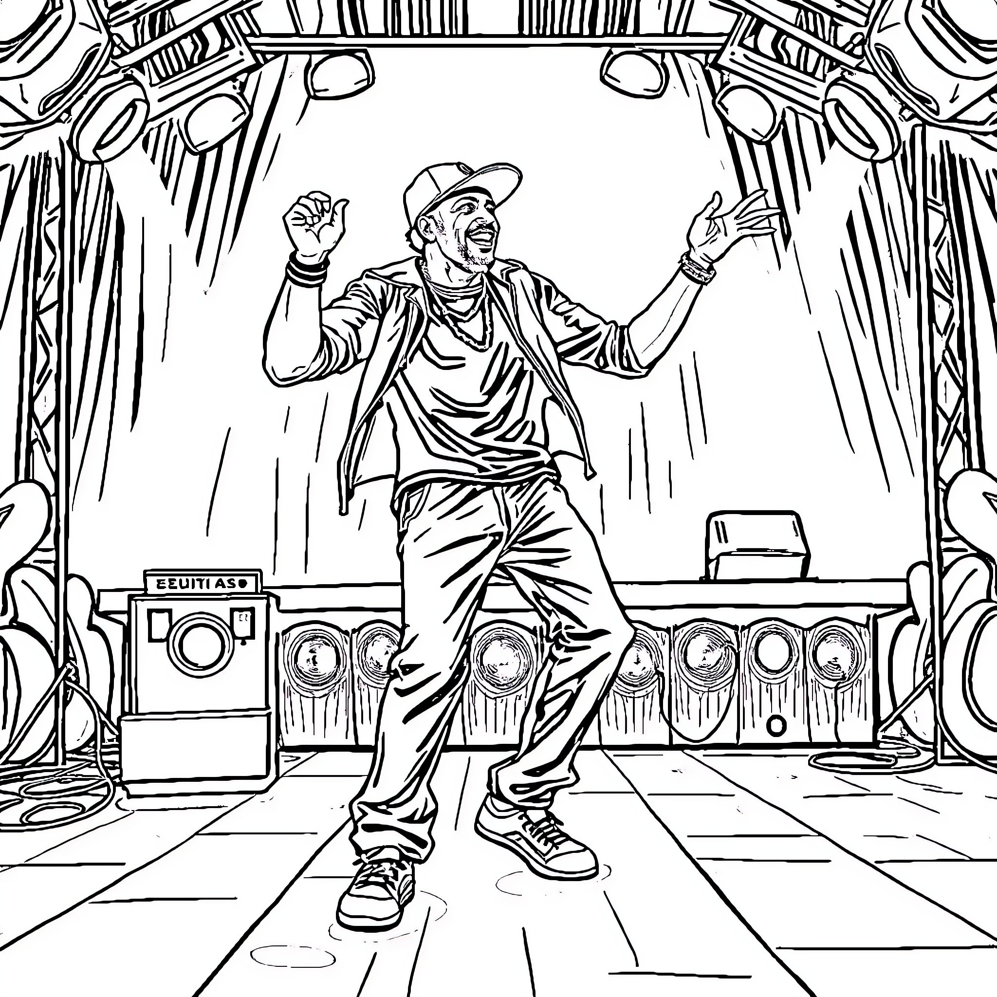Tony Parker performing on stage with music equipment Coloring Page (free black-and-white line drawing printable PDF for all, from beginners to advanced learners, including children, teens, adults, and seniors)
