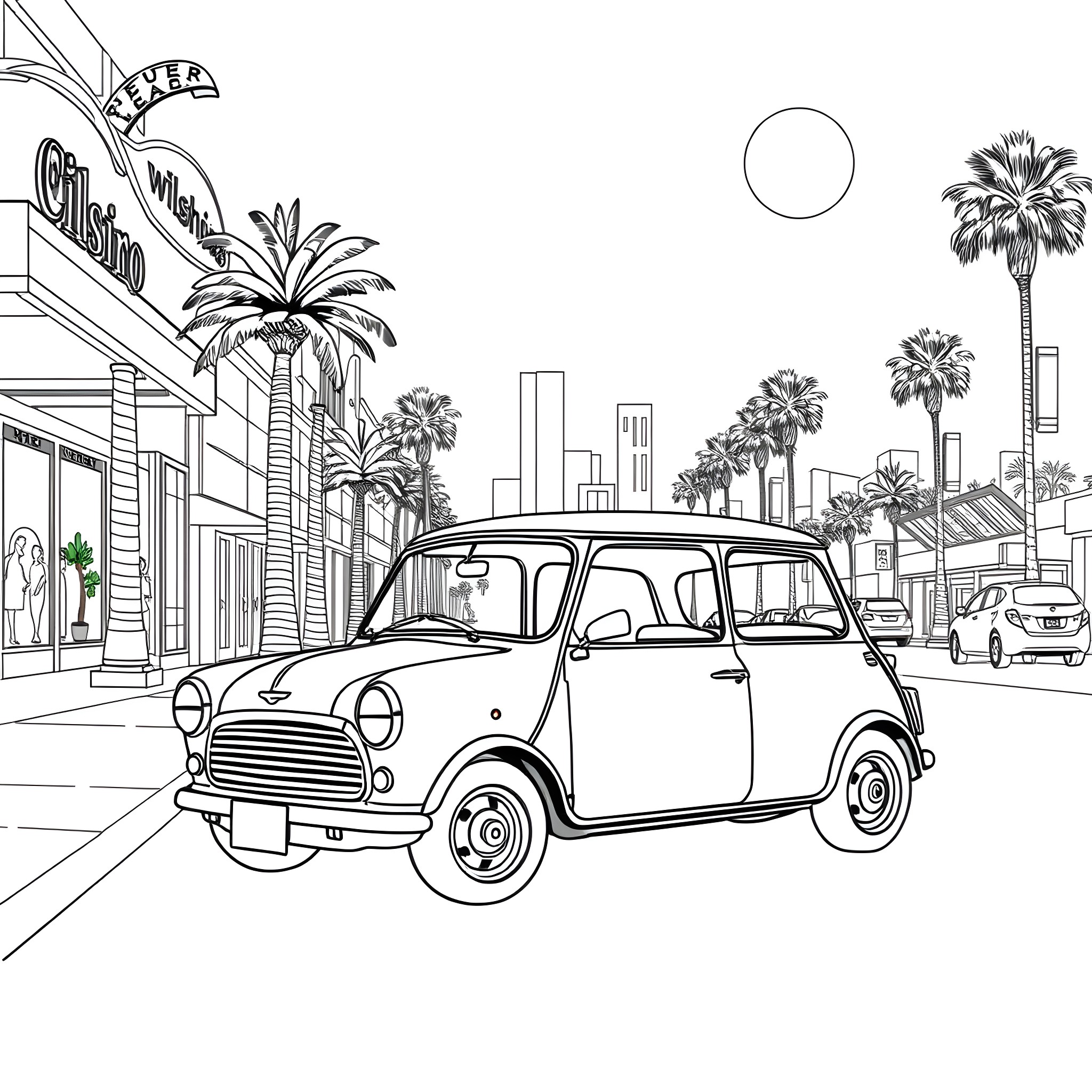 Mini classic car on a lively city street Coloring Page (free black-and-white line drawing printable PDF for all, from beginners to advanced learners, including children, teens, adults, and seniors)