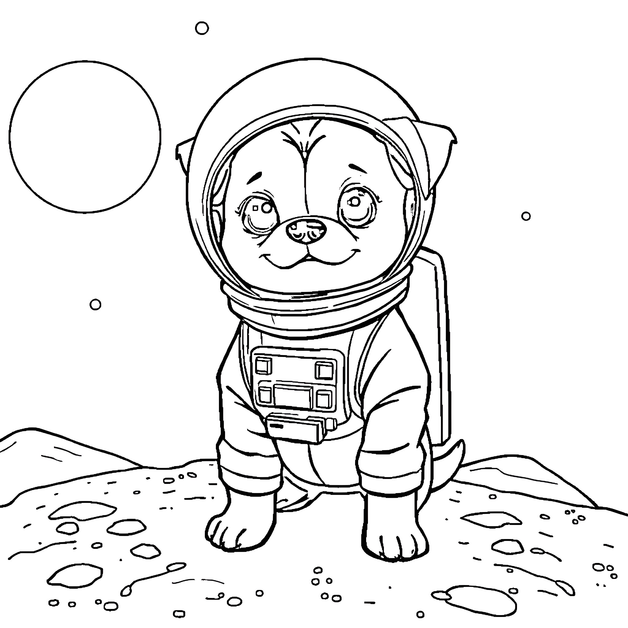 Dog wearing astronaut suit exploring the moon Coloring Page (free black-and-white line drawing printable PDF for all, from beginners to advanced learners, including children, teens, adults, and seniors)