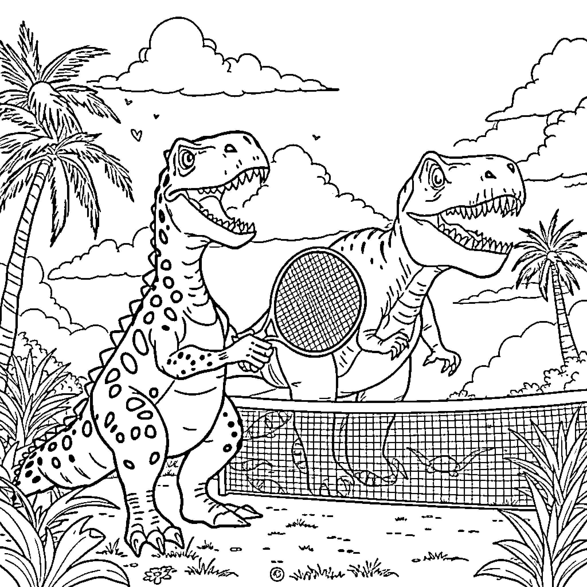 Baryonyx playing tennis with a friend in the jungle Coloring Page (free black-and-white line drawing printable PDF for all, from beginners to advanced learners, including children, teens, adults, and seniors)