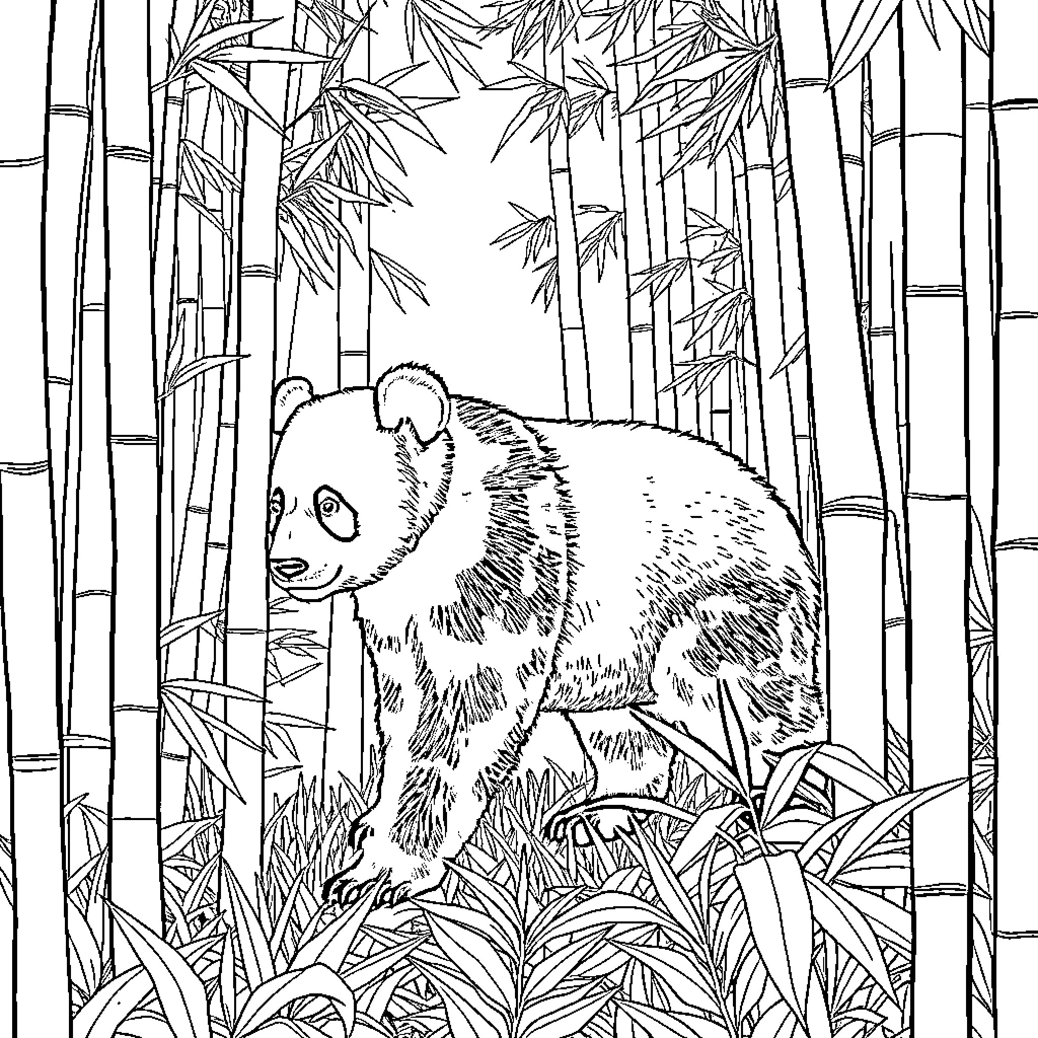 Panda exploring lush bamboo forest Coloring Page (free black-and-white line drawing printable PDF for all, from beginners to advanced learners, including children, teens, adults, and seniors)