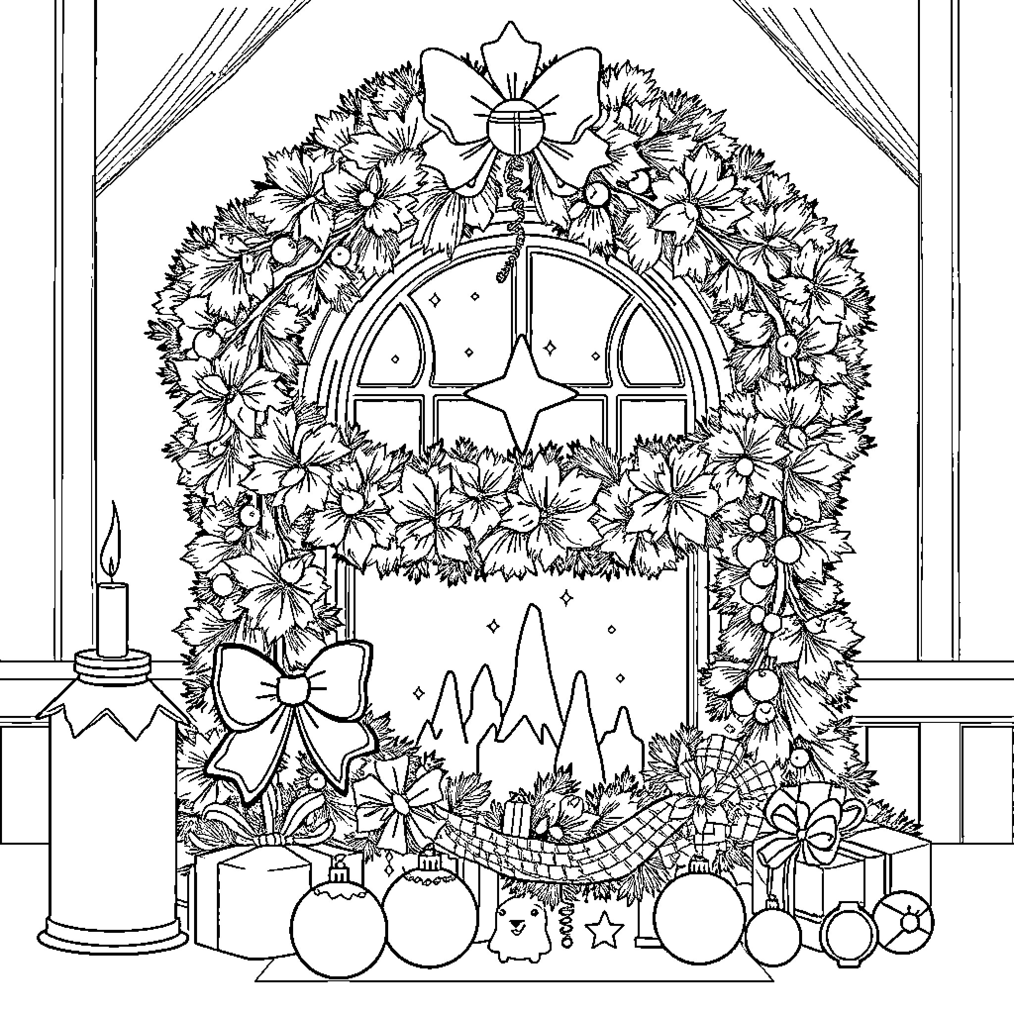 Christmas Decoration with Floral Wreath and Window Coloring Page (free black-and-white line drawing printable PDF for all, from beginners to advanced learners, including children, teens, adults, and seniors)