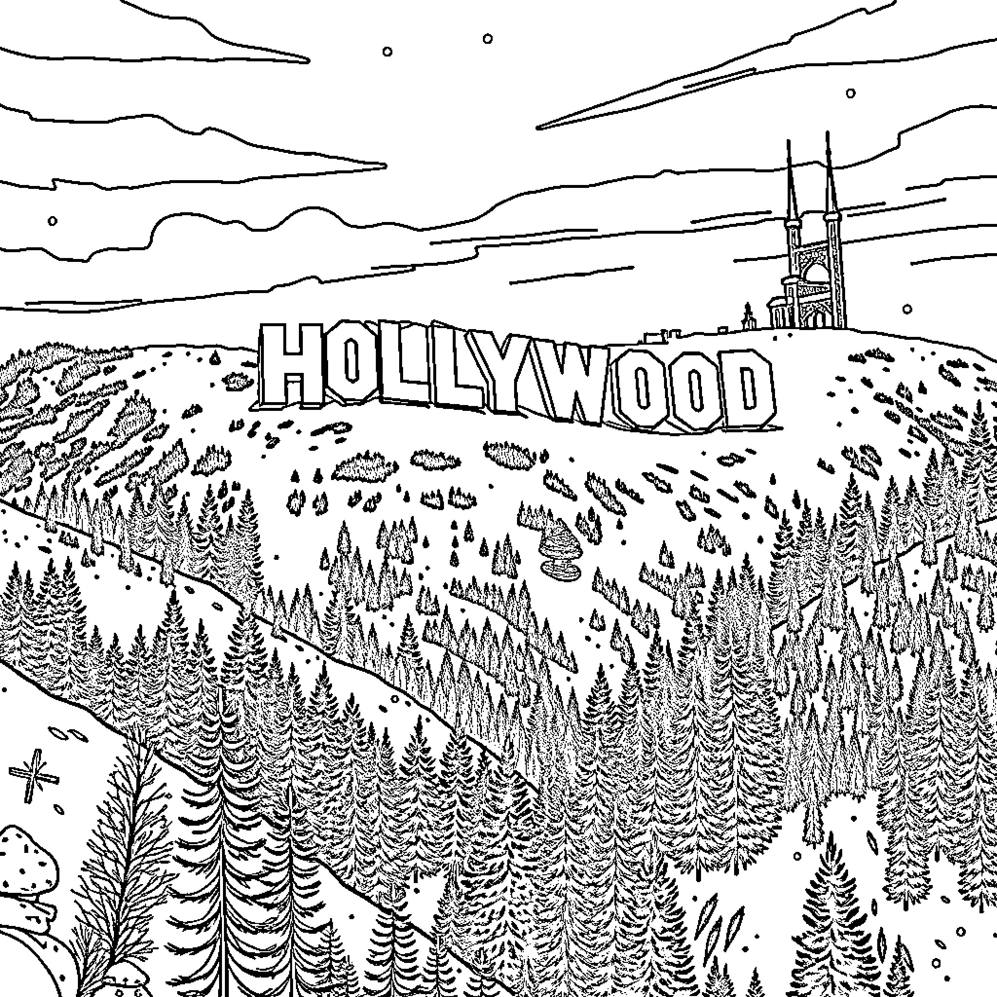 Sign depicting Hollywood landscape with forests and landmarks Coloring Page (free black-and-white line drawing printable PDF for all, from beginners to advanced learners, including children, teens, adults, and seniors)