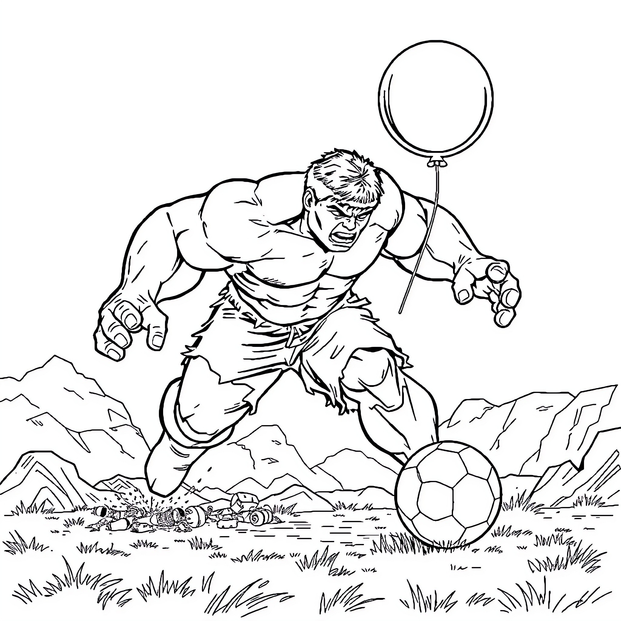 Hulk playing soccer in a rugged landscape Coloring Page (free black-and-white line drawing printable PDF for all, from beginners to advanced learners, including children, teens, adults, and seniors)