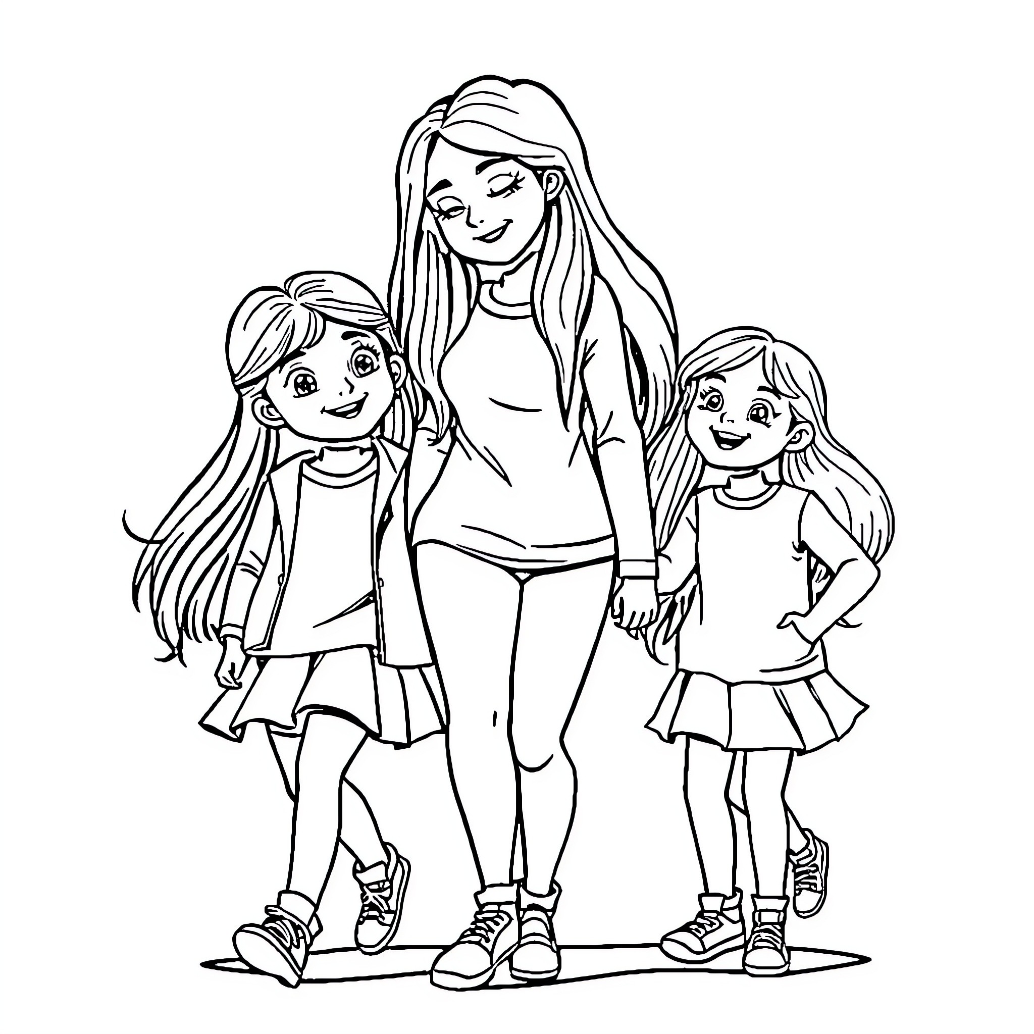 Mother and her daughters enjoying a day out Coloring Page (free black-and-white line drawing printable PDF for all, from beginners to advanced learners, including children, teens, adults, and seniors)