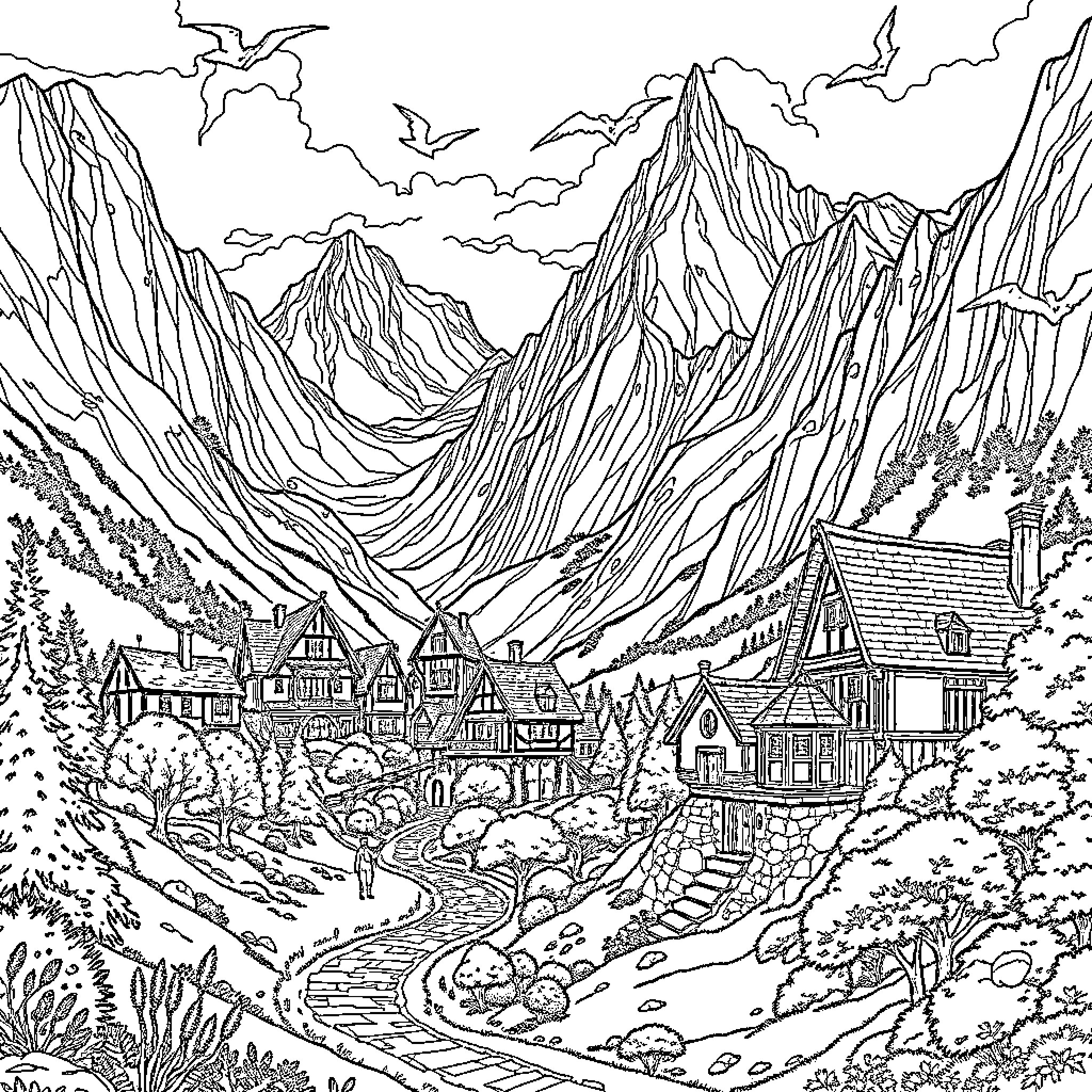 Rivendell: Majestic Mountain Dwellings and Soaring Skyline Coloring Page (free black-and-white line drawing printable PDF for all, from beginners to advanced learners, including children, teens, adults, and seniors)