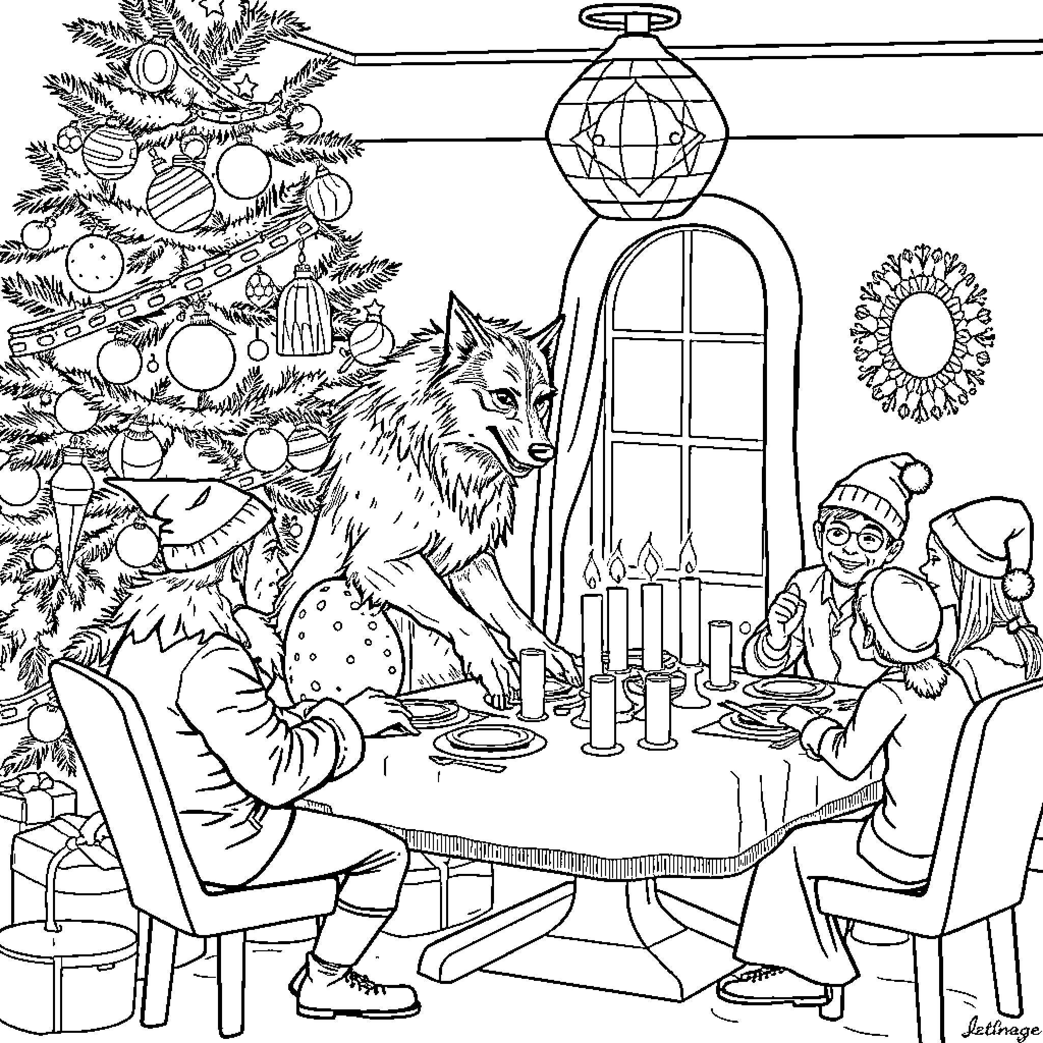 Varulv enjoying Christmas festivities with friends Coloring Page (free black-and-white line drawing printable PDF for all, from beginners to advanced learners, including children, teens, adults, and seniors)