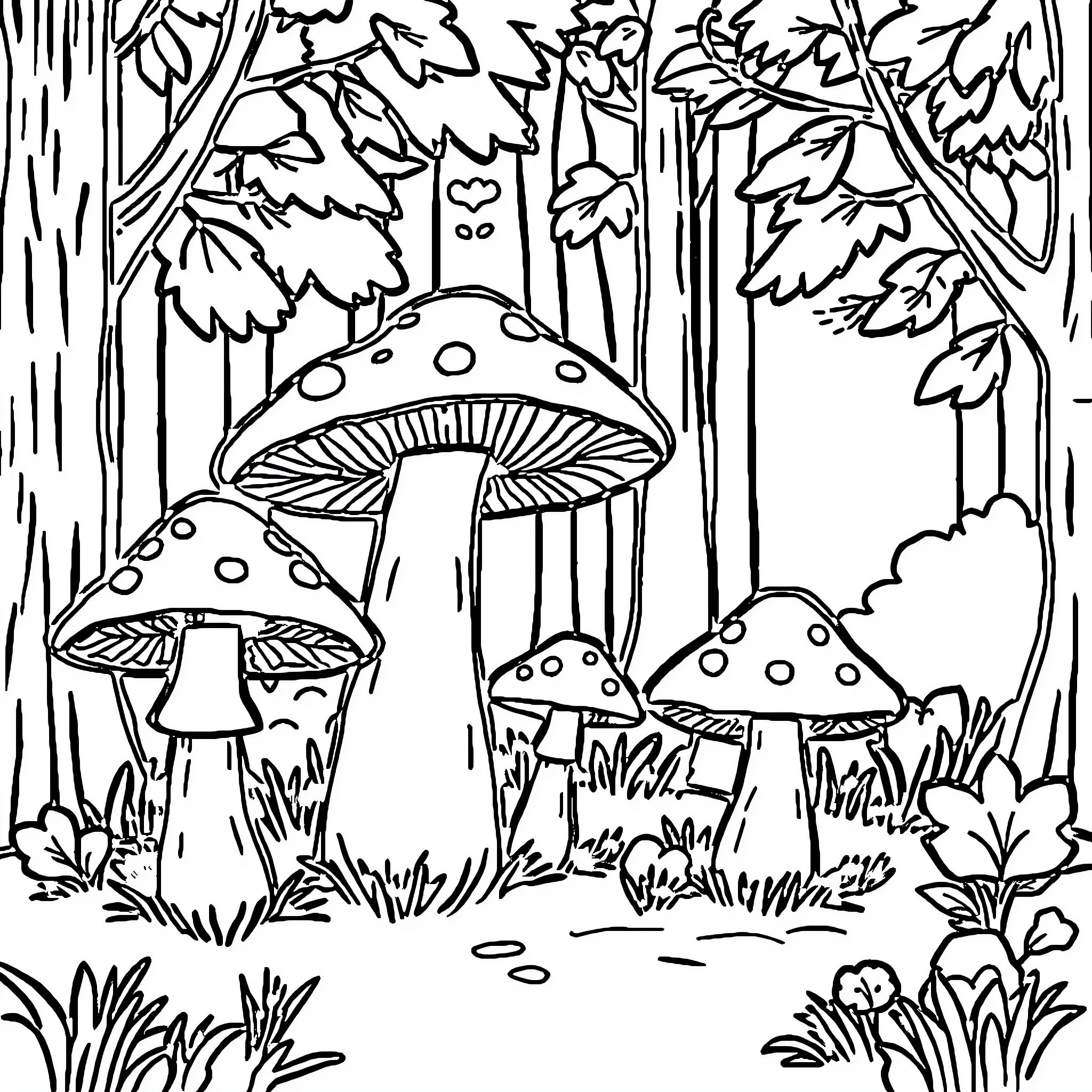 Mushroom Forest Scene with Whimsical Fungi Coloring Page (free black-and-white line drawing printable PDF for all, from beginners to advanced learners, including children, teens, adults, and seniors)