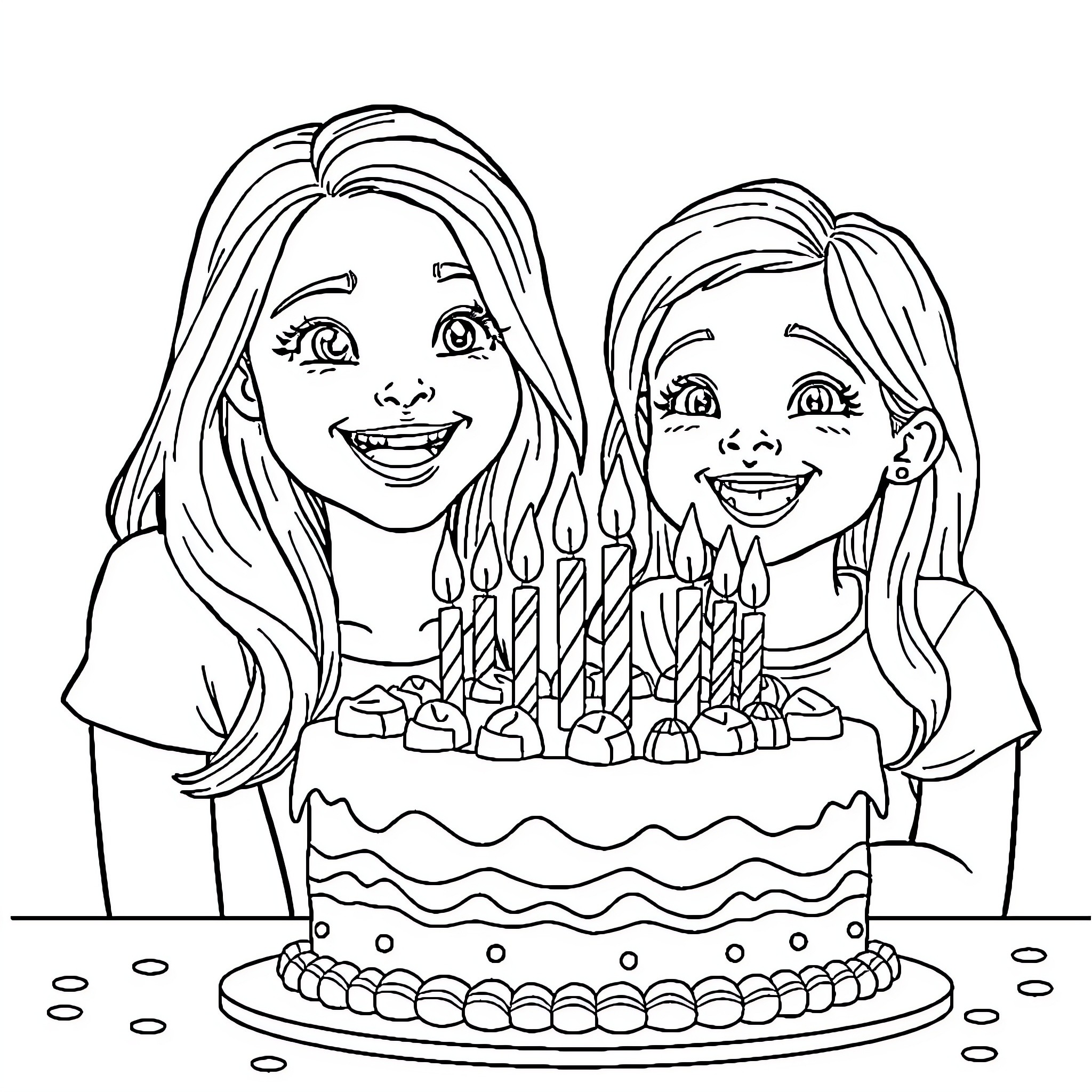 Birthday Cake with Smiling Friends Coloring Page (free black-and-white line drawing printable PDF for all, from beginners to advanced learners, including children, teens, adults, and seniors)