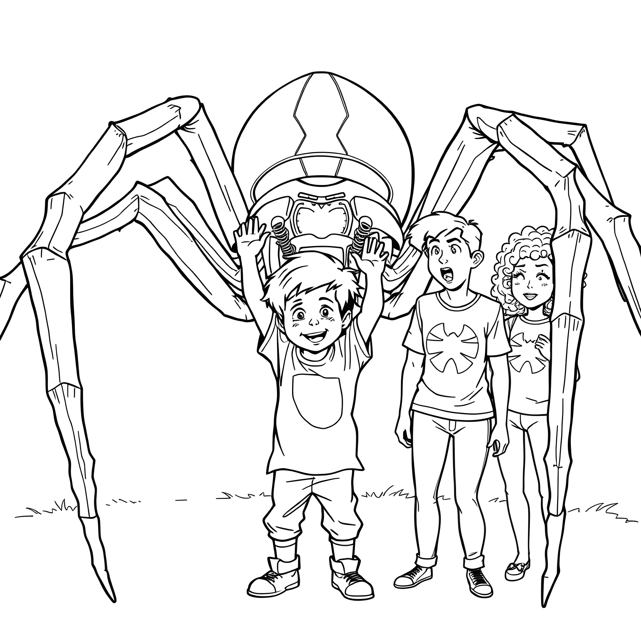 Boy and Friends Exploring a Giant Spider-like Structure Coloring Page (free black-and-white line drawing printable PDF for all, from beginners to advanced learners, including children, teens, adults, and seniors)