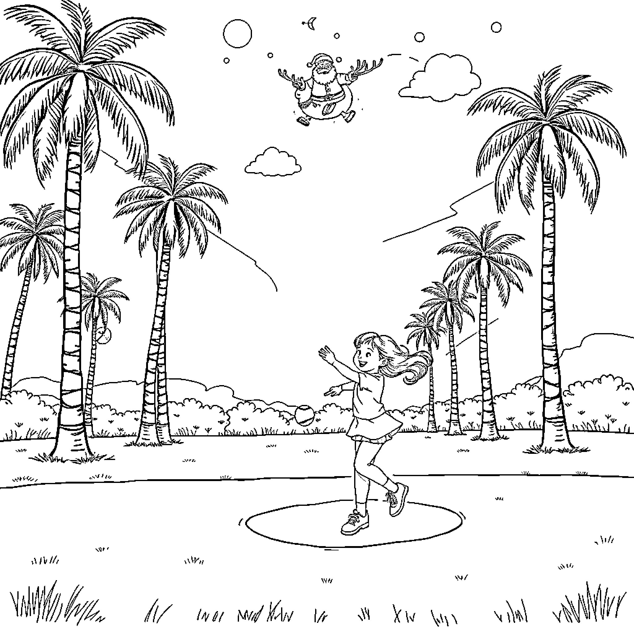 Girl playing happily with monkey in tropical paradise Coloring Page (free black-and-white line drawing printable PDF for all, from beginners to advanced learners, including children, teens, adults, and seniors)