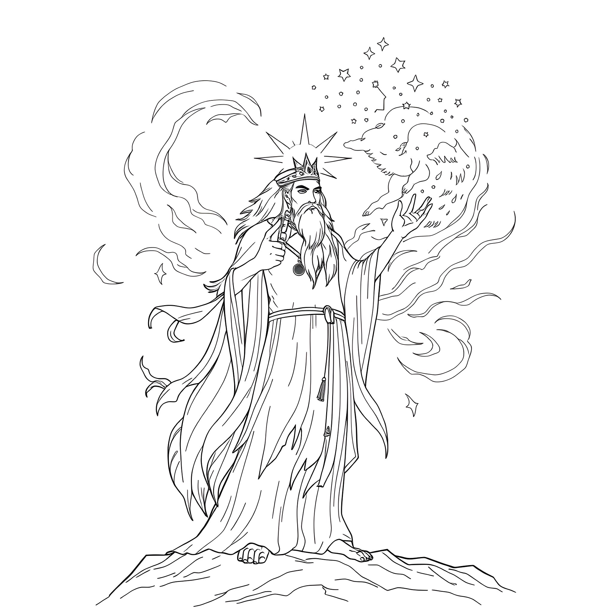 Spirit of a Magical Wizard with Flowing Robes Coloring Page (free black-and-white line drawing printable PDF for all, from beginners to advanced learners, including children, teens, adults, and seniors)