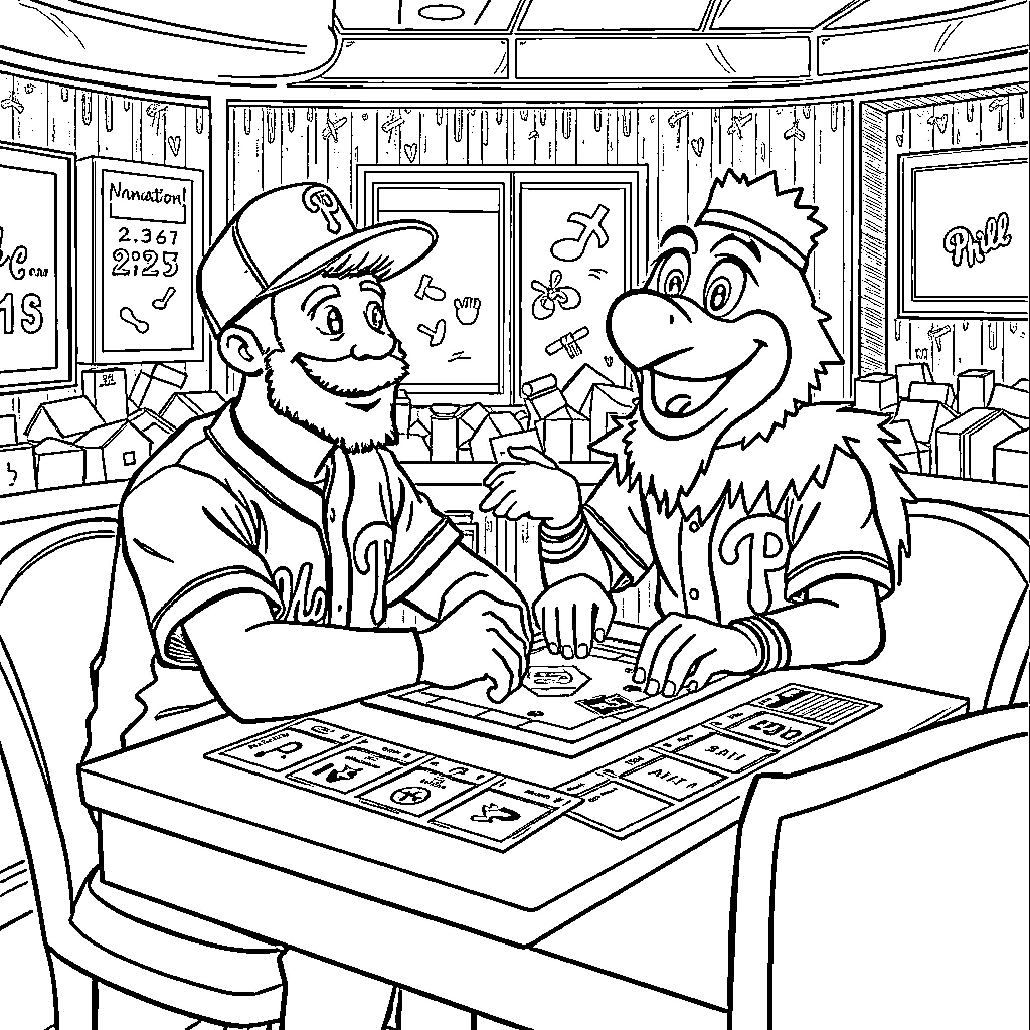 Bryce Harper Playing Board Games with Mascot Coloring Page (free black-and-white line drawing printable PDF for all, from beginners to advanced learners, including children, teens, adults, and seniors)