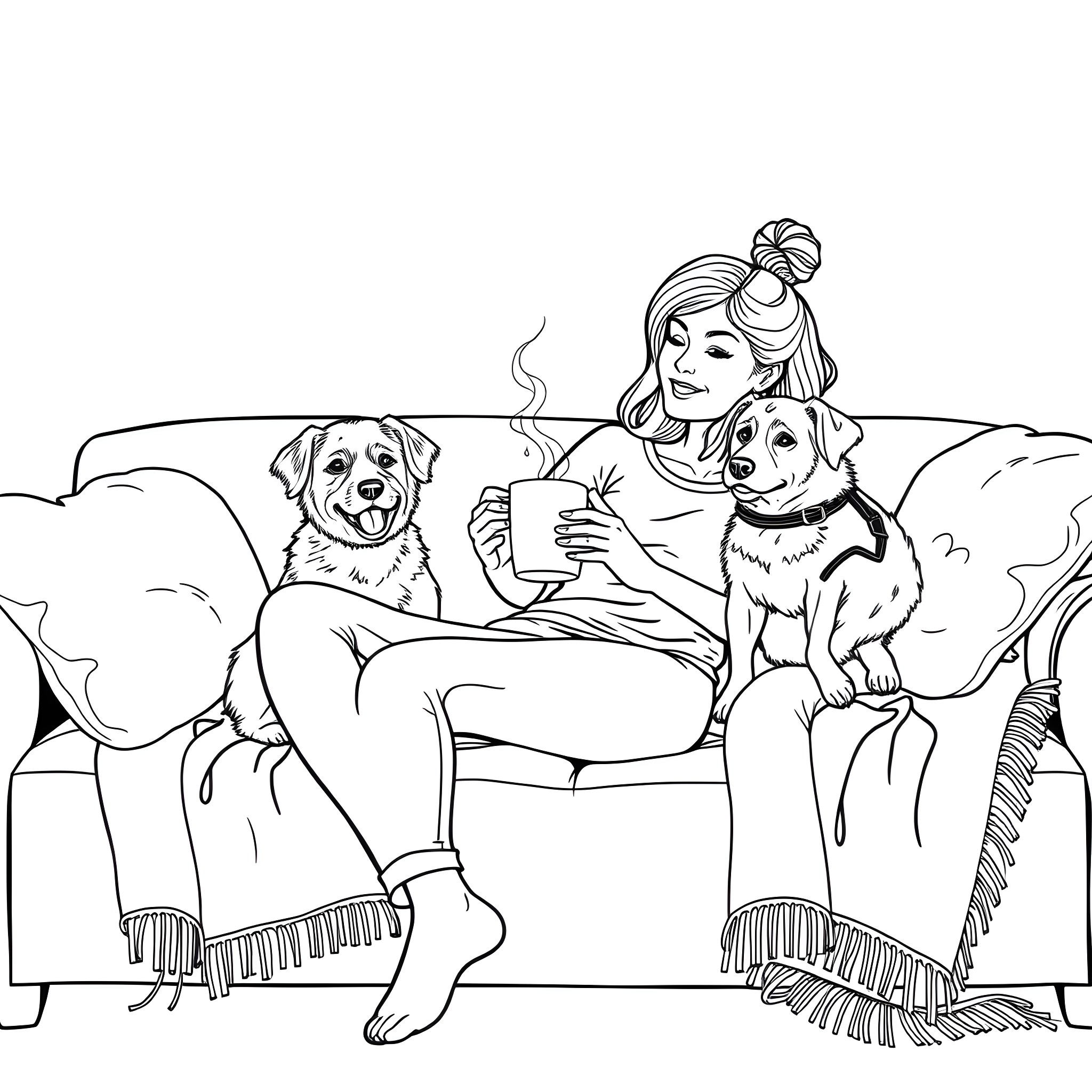 Woman relaxing with two dogs on couch Coloring Page (free black-and-white line drawing printable PDF for all, from beginners to advanced learners, including children, teens, adults, and seniors)