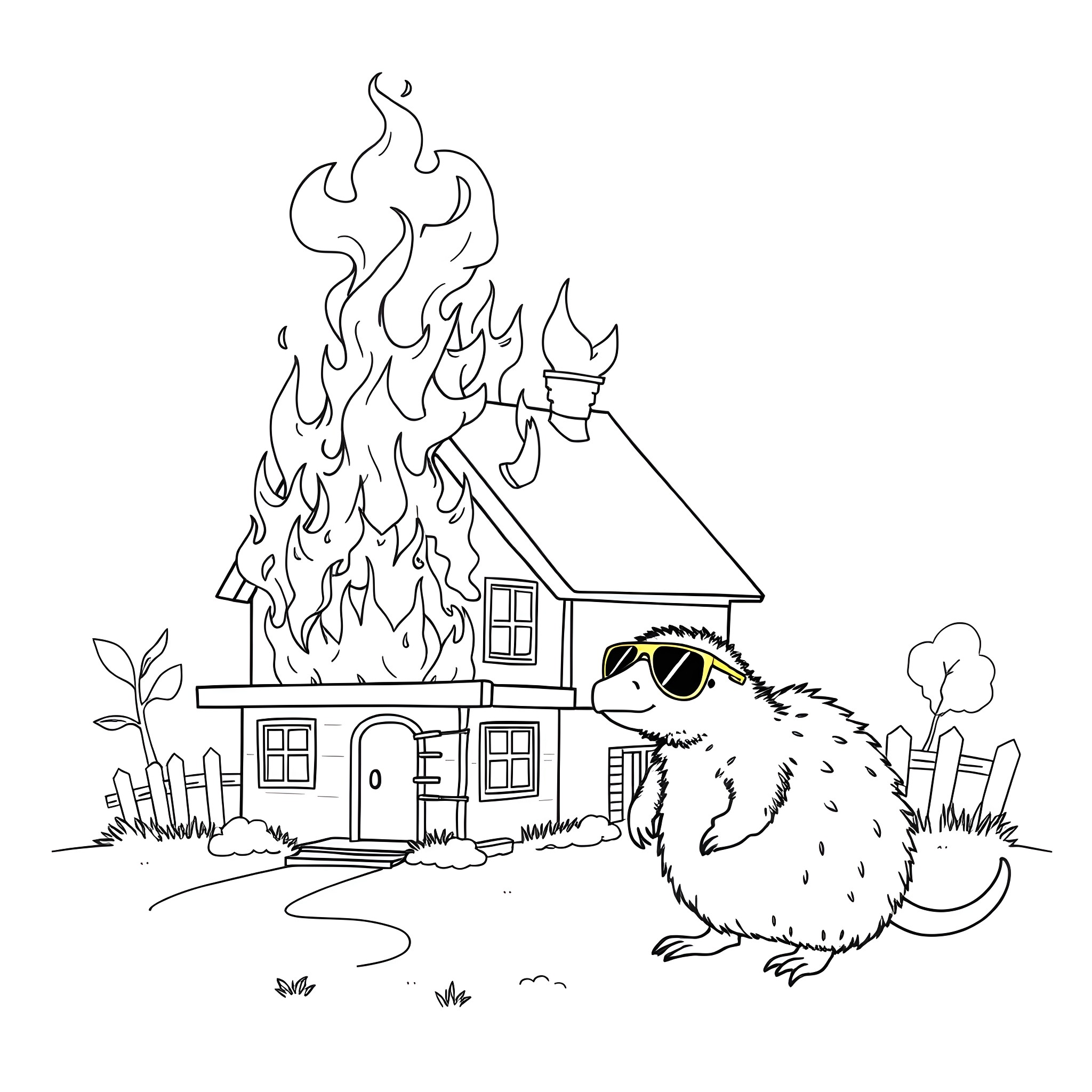 Platypus watches as house burns down Coloring Page (free black-and-white line drawing printable PDF for all, from beginners to advanced learners, including children, teens, adults, and seniors)