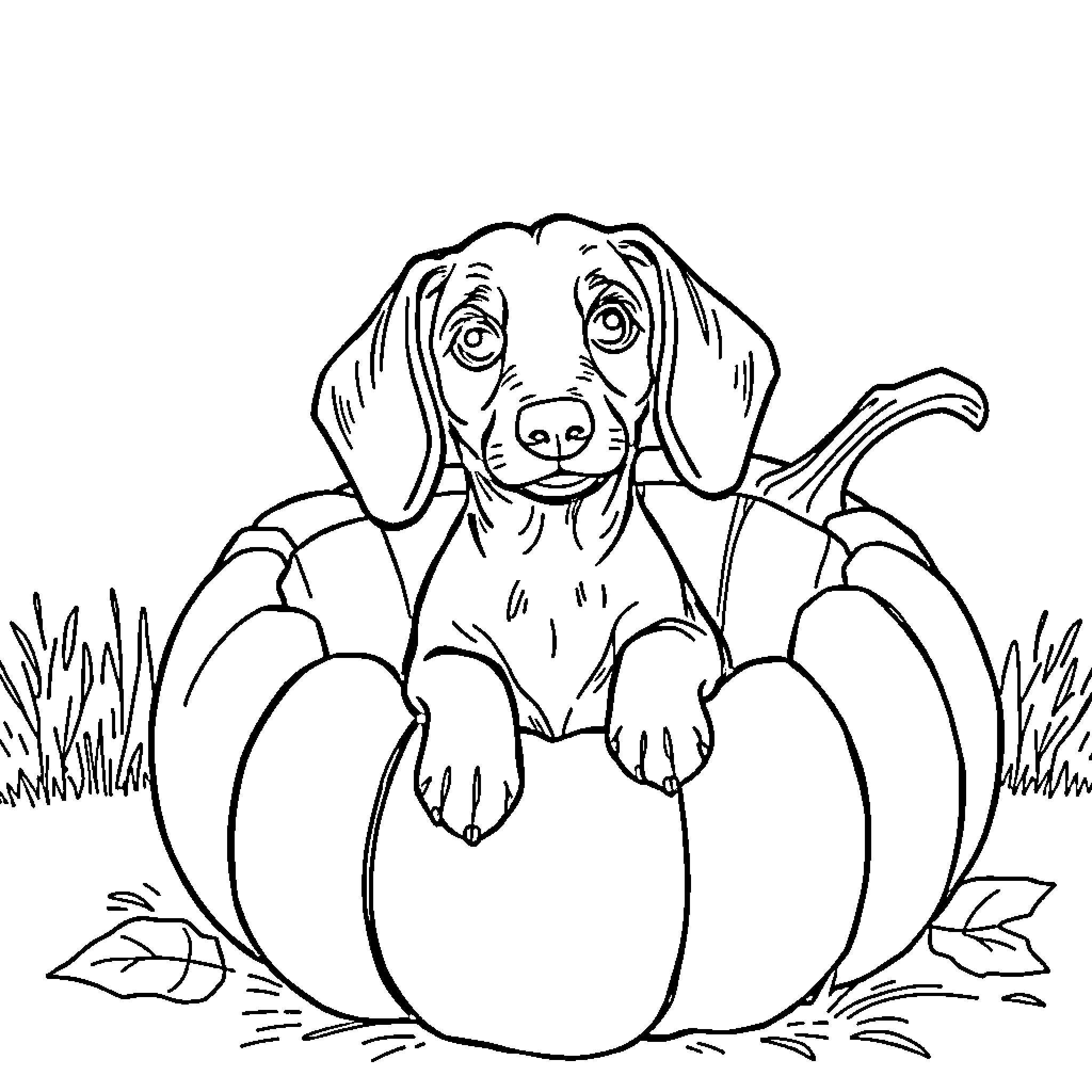Dachshund Peeking Curiously from Cracked Egg Coloring Page (free black-and-white line drawing printable PDF for all, from beginners to advanced learners, including children, teens, adults, and seniors)