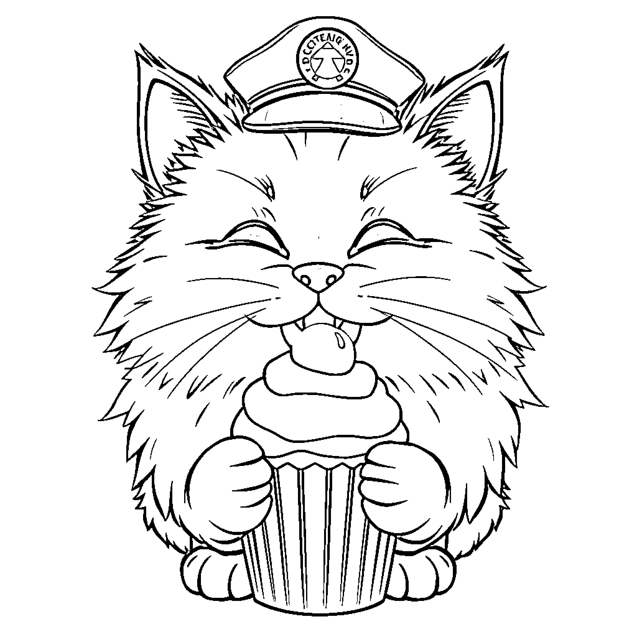 Cat Captain Enjoying Tasty Cupcake Coloring Page (free black-and-white line drawing printable PDF for all, from beginners to advanced learners, including children, teens, adults, and seniors)