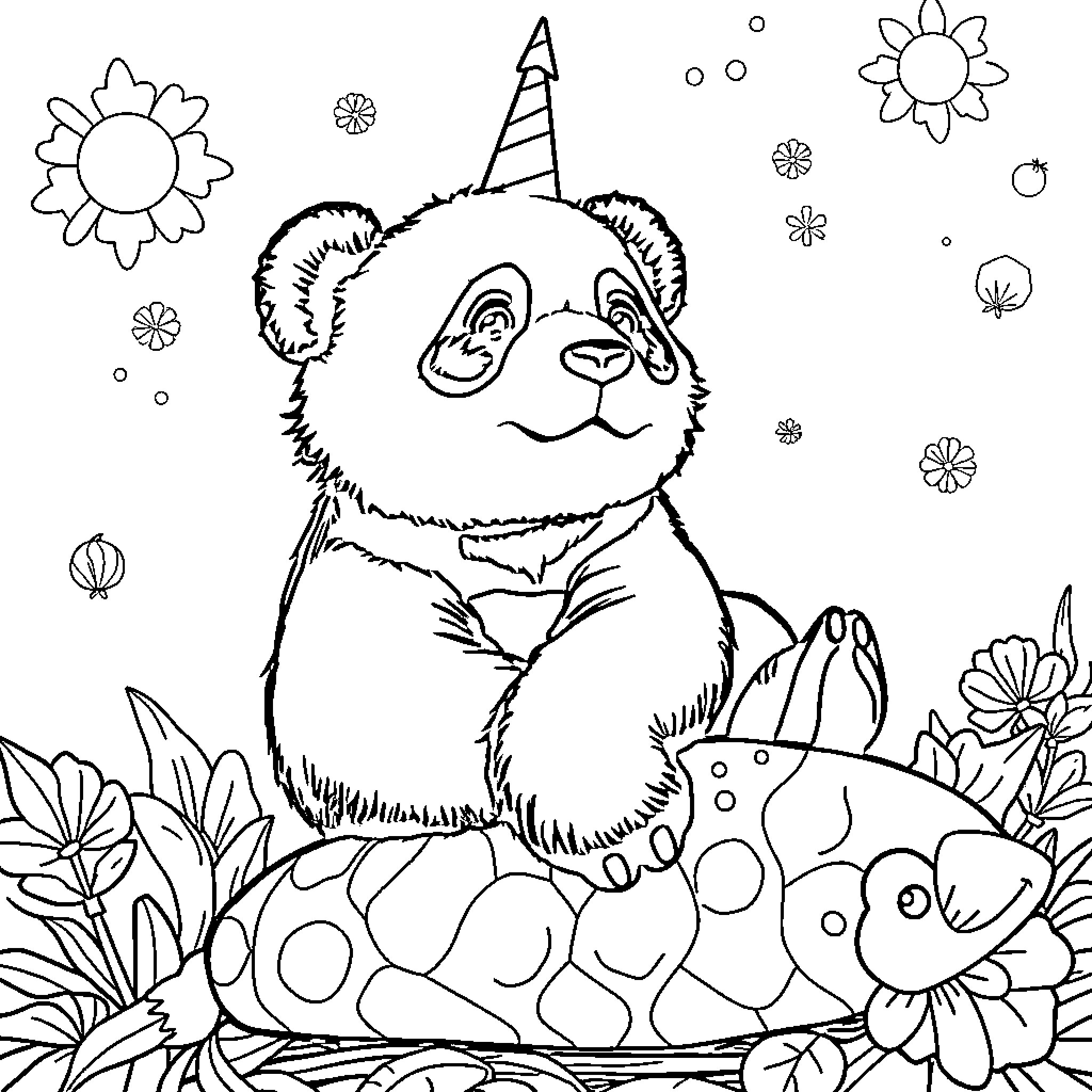 Panda in a Whimsical Floral Setting Coloring Page (free black-and-white line drawing printable PDF for all, from beginners to advanced learners, including children, teens, adults, and seniors)