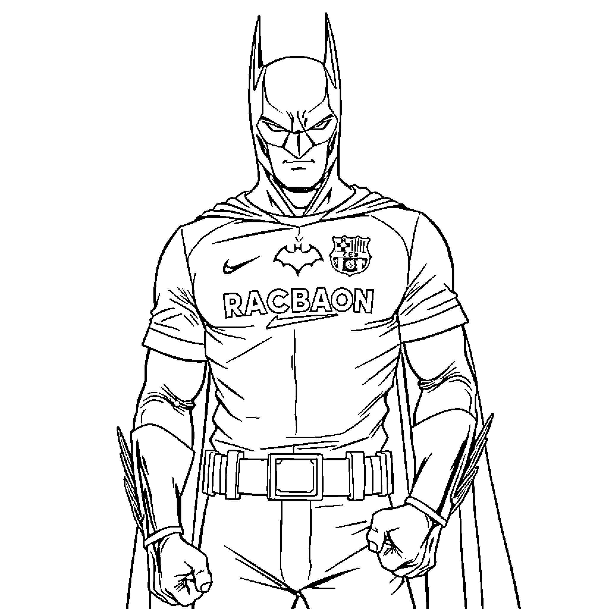 Batman in a Barcelona soccer jersey Coloring Page (free black-and-white line drawing printable PDF for all, from beginners to advanced learners, including children, teens, adults, and seniors)