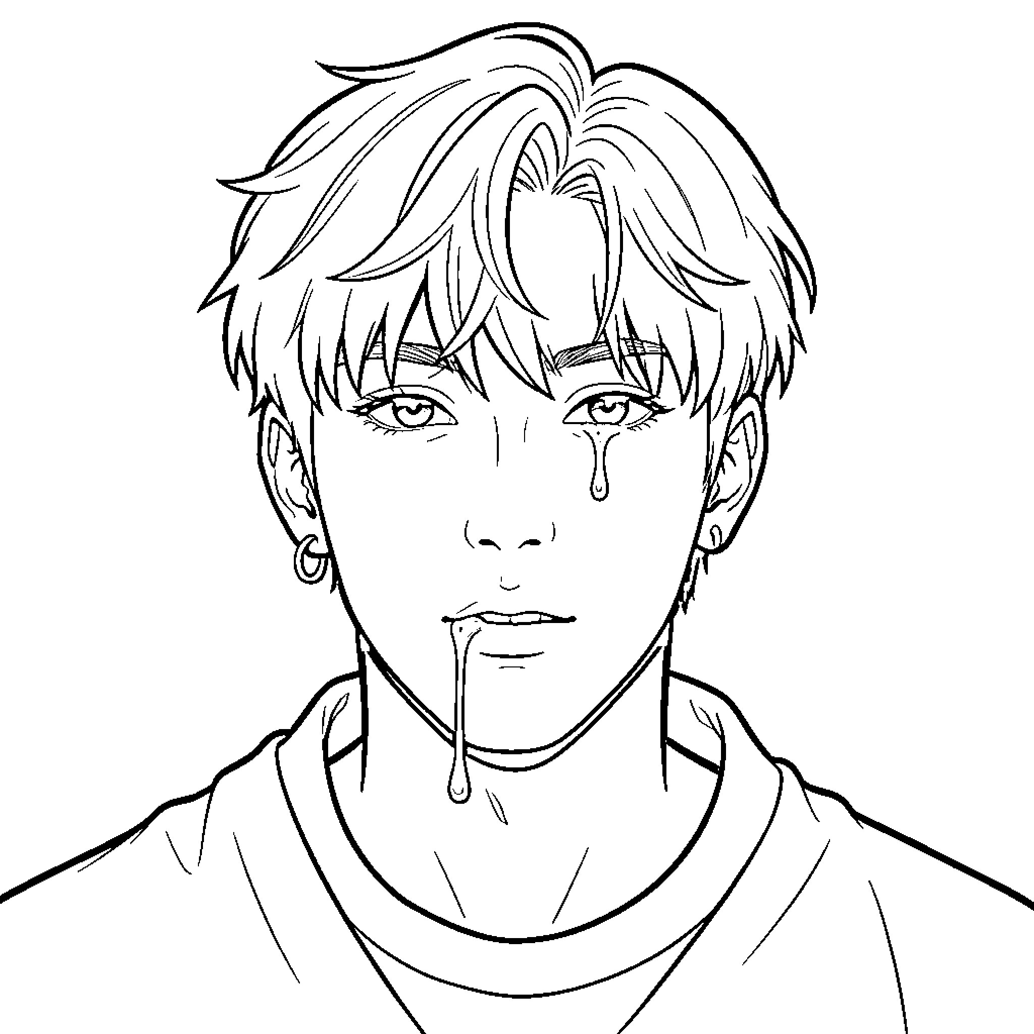 ROUMI Sorrowful young man with disheveled hair Coloring Page (free black-and-white line drawing printable PDF for all, from beginners to advanced learners, including children, teens, adults, and seniors)