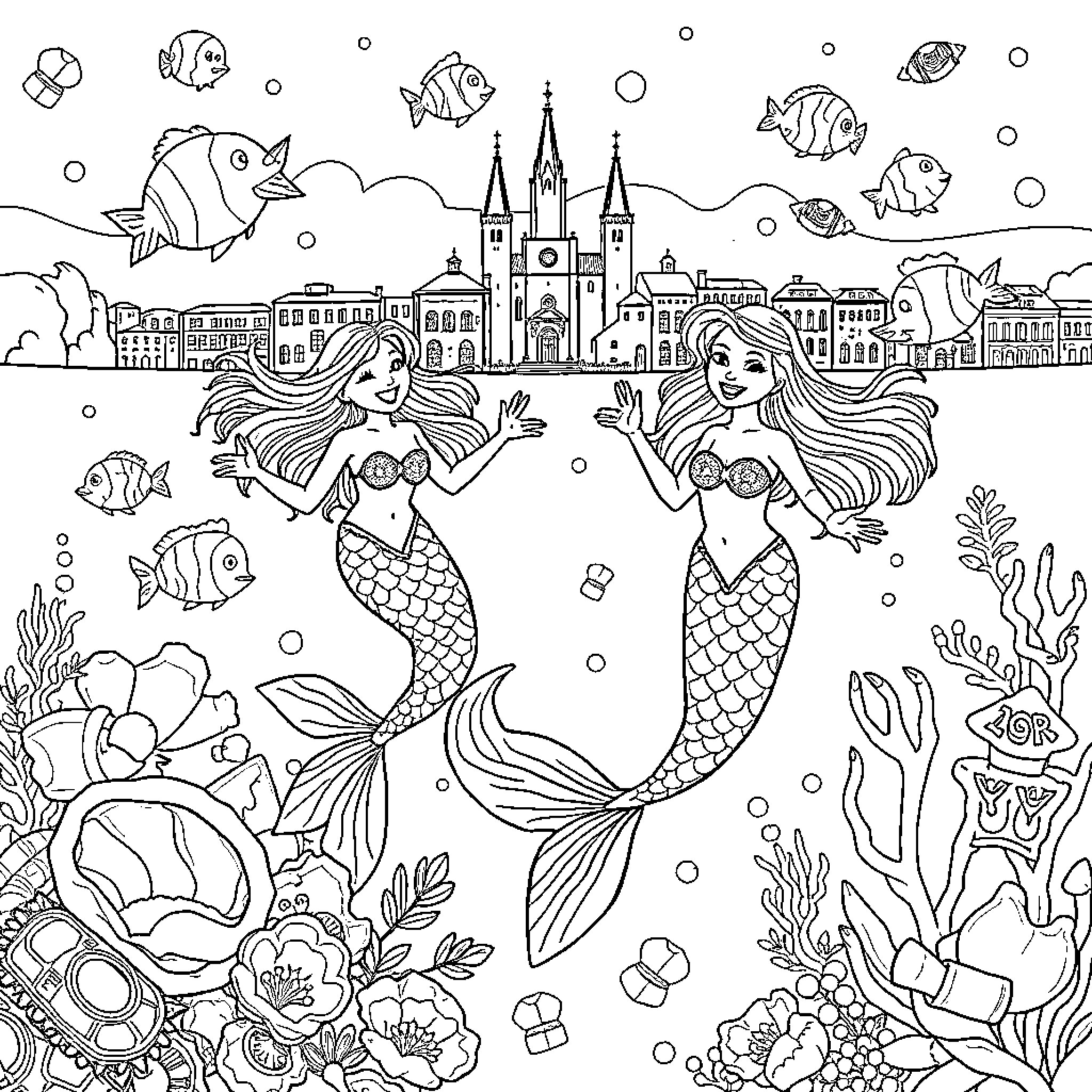 Mermaid Princesses in Underwater City Scene Coloring Page (free black-and-white line drawing printable PDF for all, from beginners to advanced learners, including children, teens, adults, and seniors)