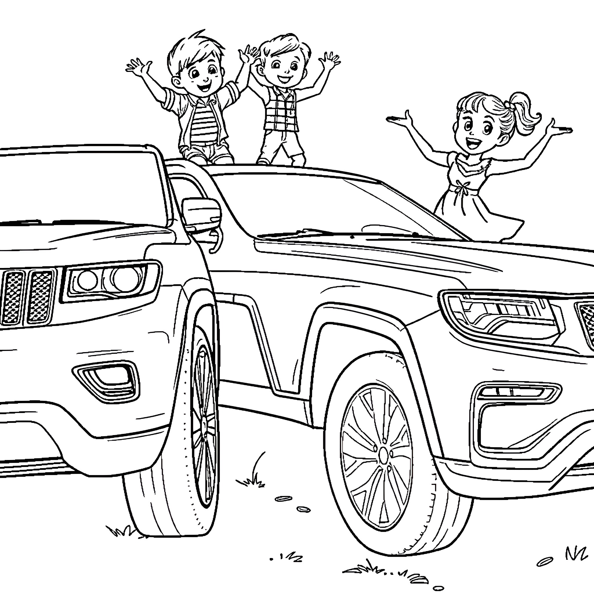 Car with Cheerful Children Playing Outdoors Coloring Page (free black-and-white line drawing printable PDF for all, from beginners to advanced learners, including children, teens, adults, and seniors)