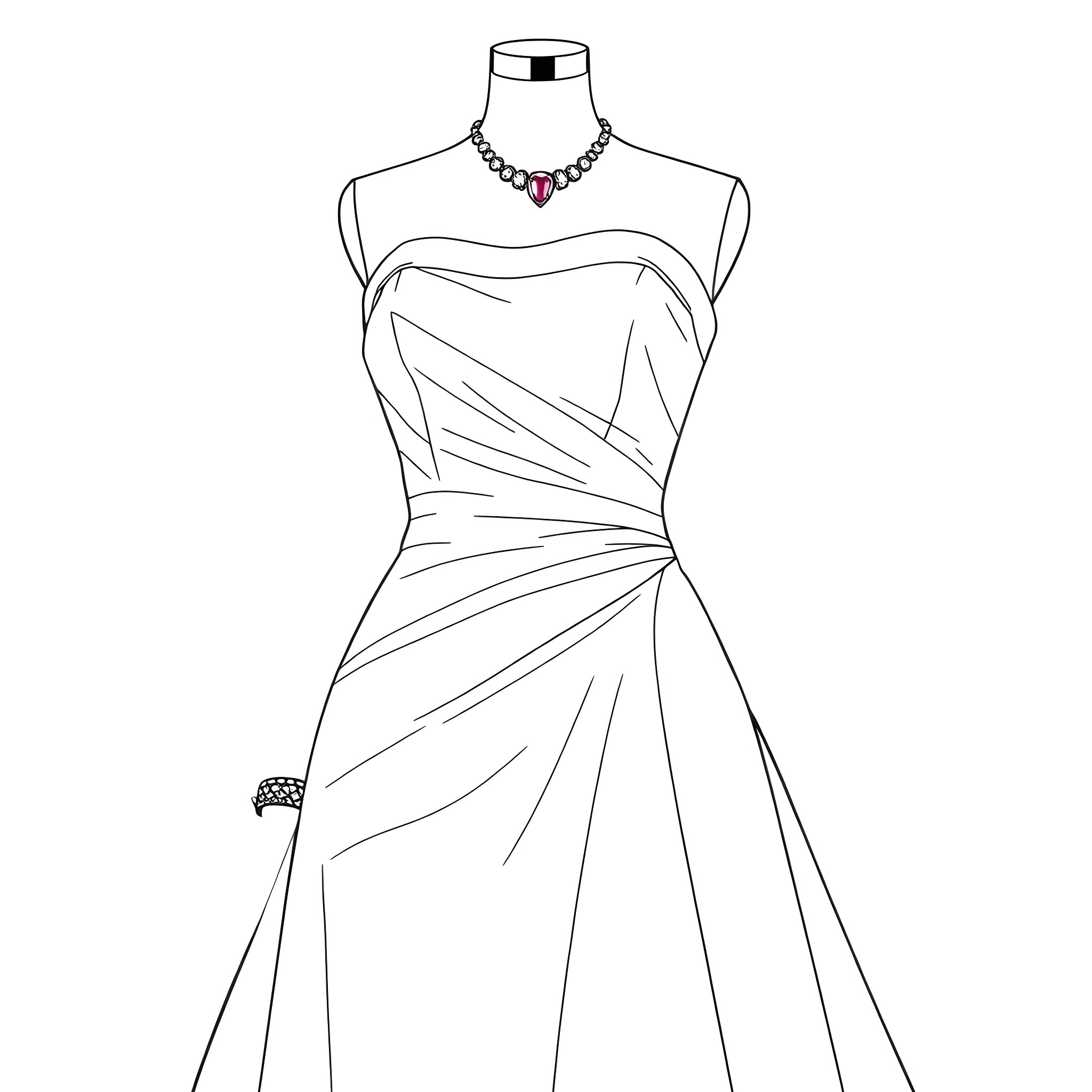 Wedding Dress with Elegant Necklace and Draped Design Coloring Page (free black-and-white line drawing printable PDF for all, from beginners to advanced learners, including children, teens, adults, and seniors)
