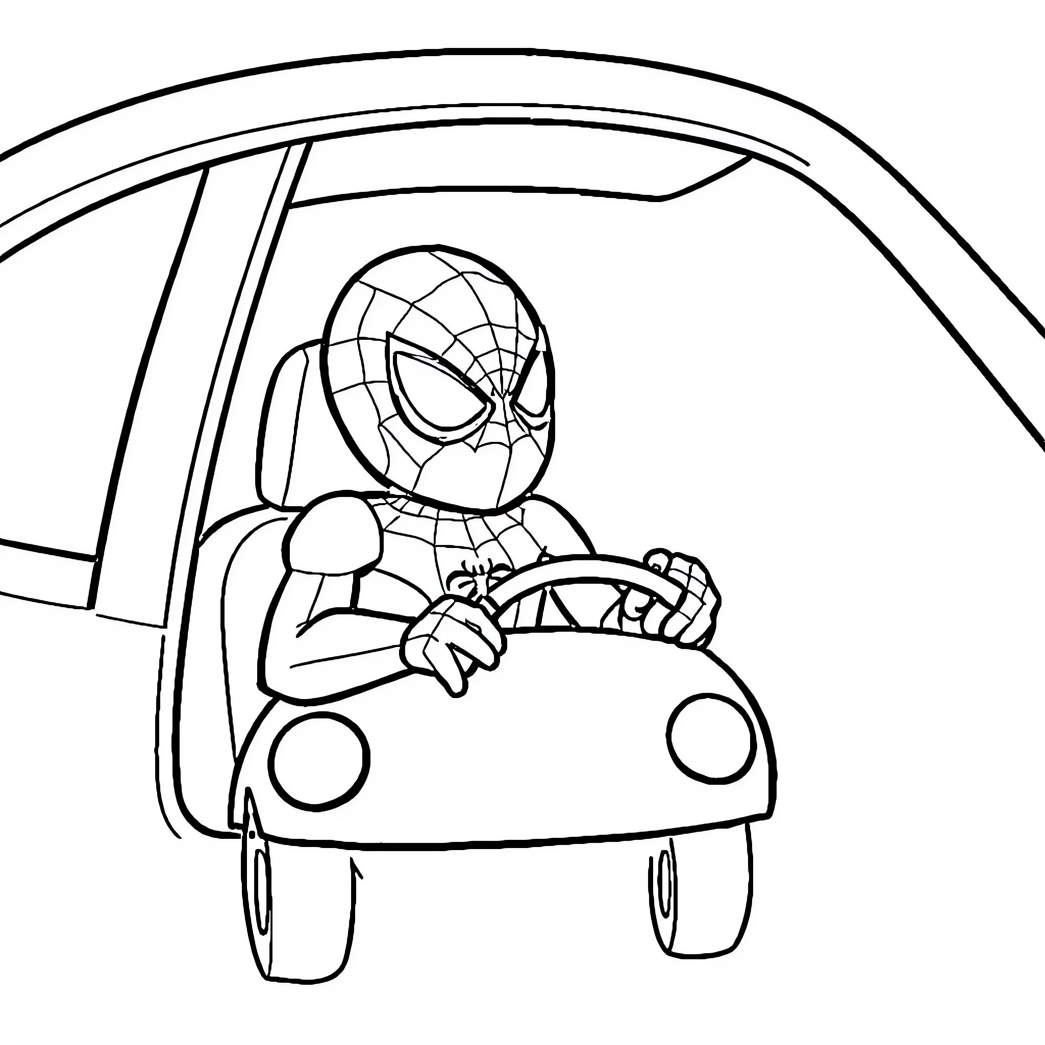 Spiderman driving in his car Coloring Page (free black-and-white line drawing printable PDF for all, from beginners to advanced learners, including children, teens, adults, and seniors)