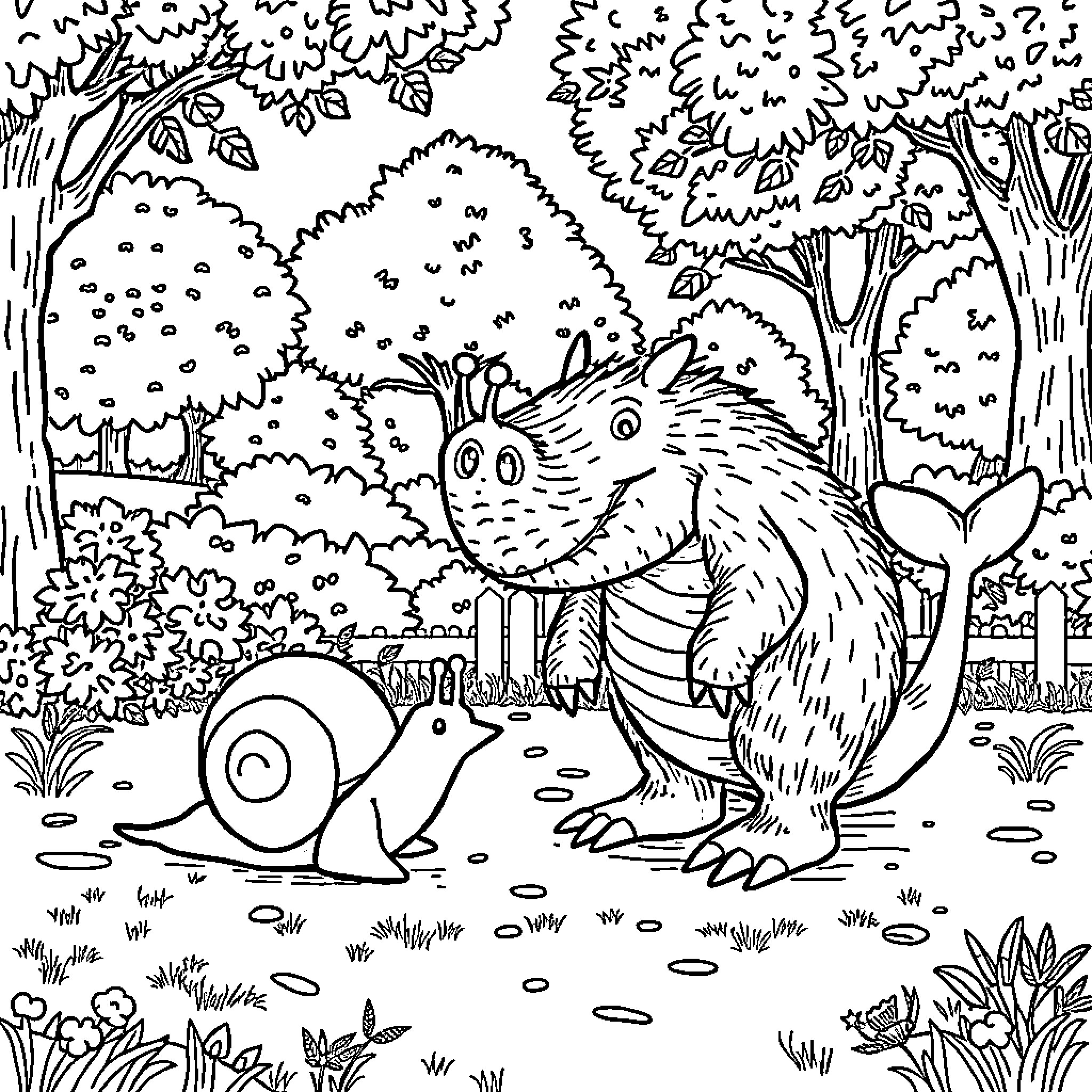 Snail exploring the forest with curious woodland creatures Coloring Page (free black-and-white line drawing printable PDF for all, from beginners to advanced learners, including children, teens, adults, and seniors)