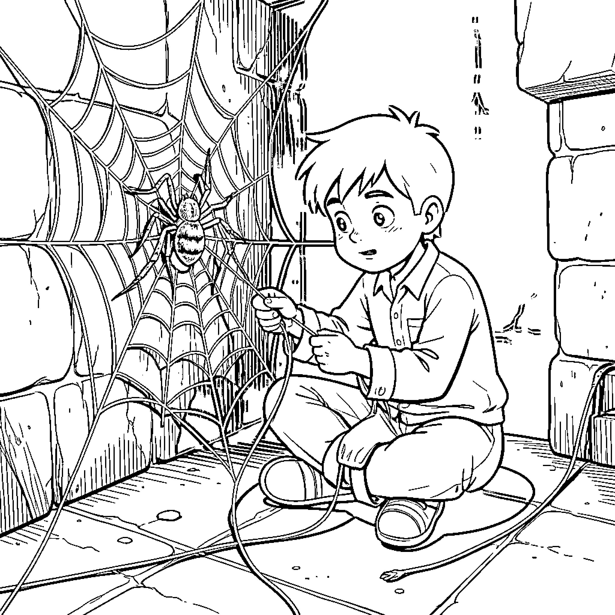 Lucas observing a large spider in its web Coloring Page (free black-and-white line drawing printable PDF for all, from beginners to advanced learners, including children, teens, adults, and seniors)