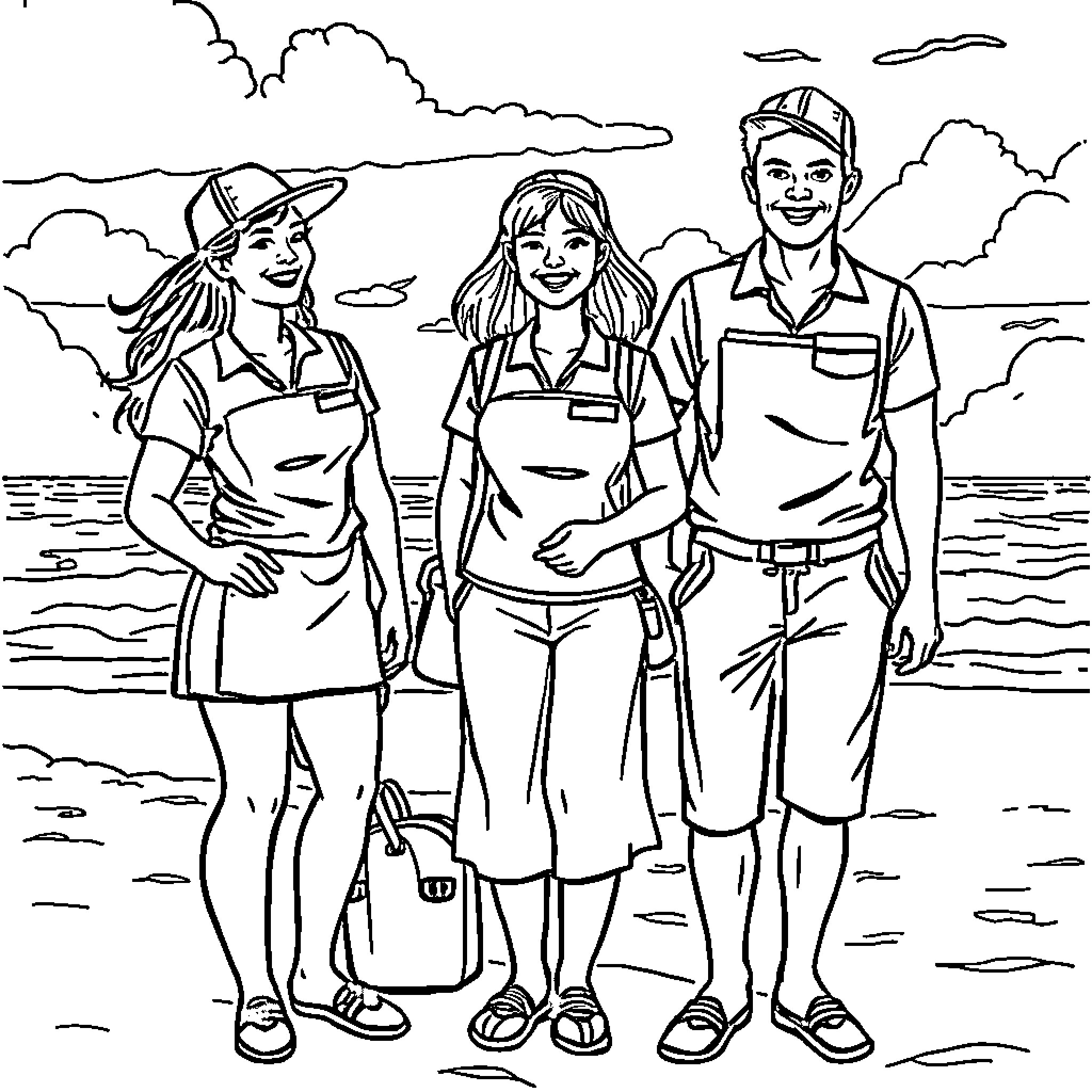 Staff enjoying vacation on the beach Coloring Page (free black-and-white line drawing printable PDF for all, from beginners to advanced learners, including children, teens, adults, and seniors)