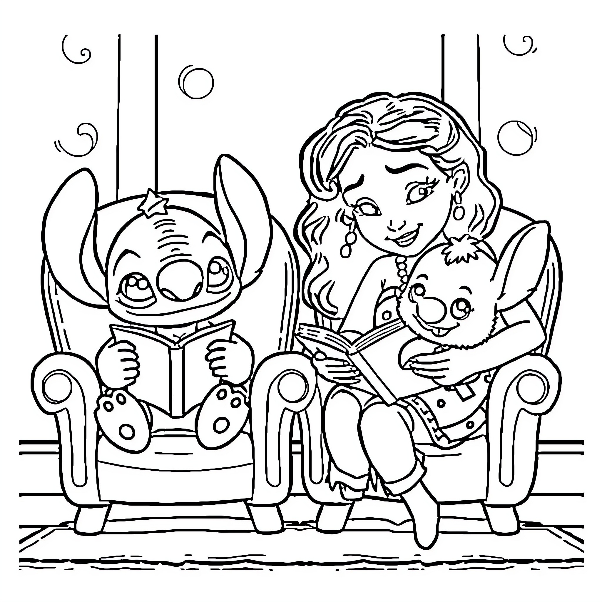 Moana reading to Stitch on the couch Coloring Page (free black-and-white line drawing printable PDF for all, from beginners to advanced learners, including children, teens, adults, and seniors)