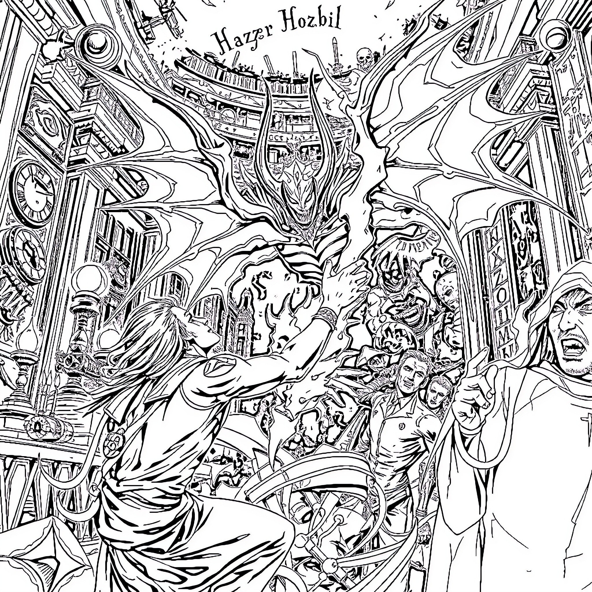 Lucifer's Chaotic Realm of Mischief and Mayhem Coloring Page (free black-and-white line drawing printable PDF for all, from beginners to advanced learners, including children, teens, adults, and seniors)