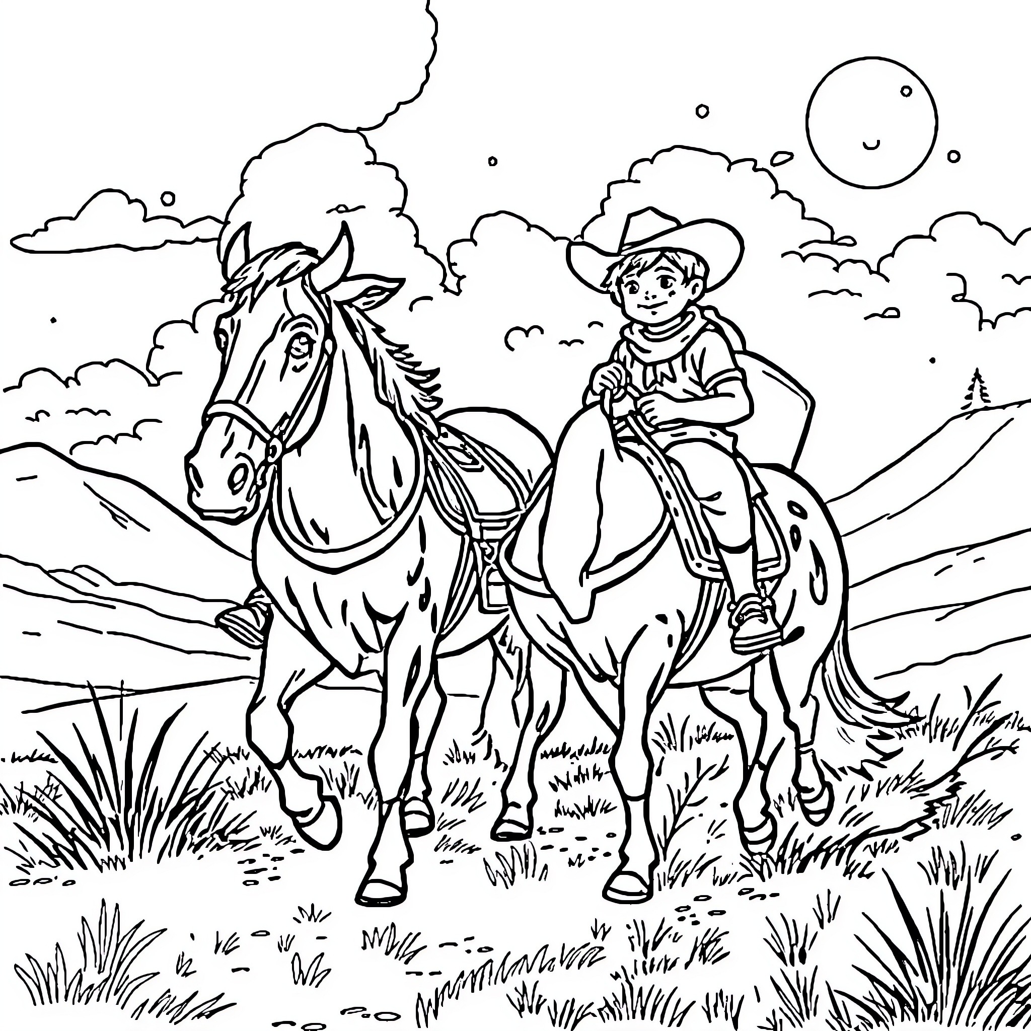 Andes Boy Riding Horse in Mountainous Landscape Coloring Page (free black-and-white line drawing printable PDF for all, from beginners to advanced learners, including children, teens, adults, and seniors)