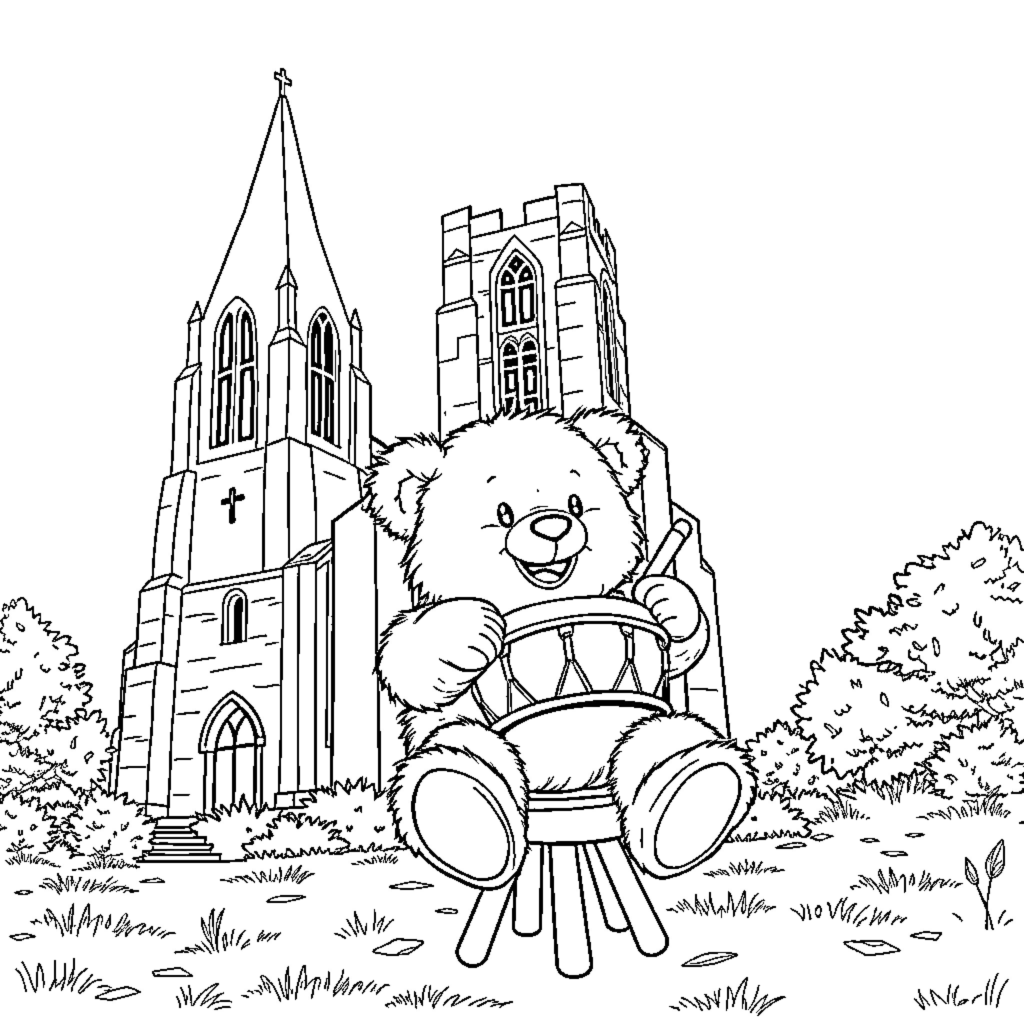 Teddy Bear Sitting Near a Majestic Church Coloring Page (free black-and-white line drawing printable PDF for all, from beginners to advanced learners, including children, teens, adults, and seniors)