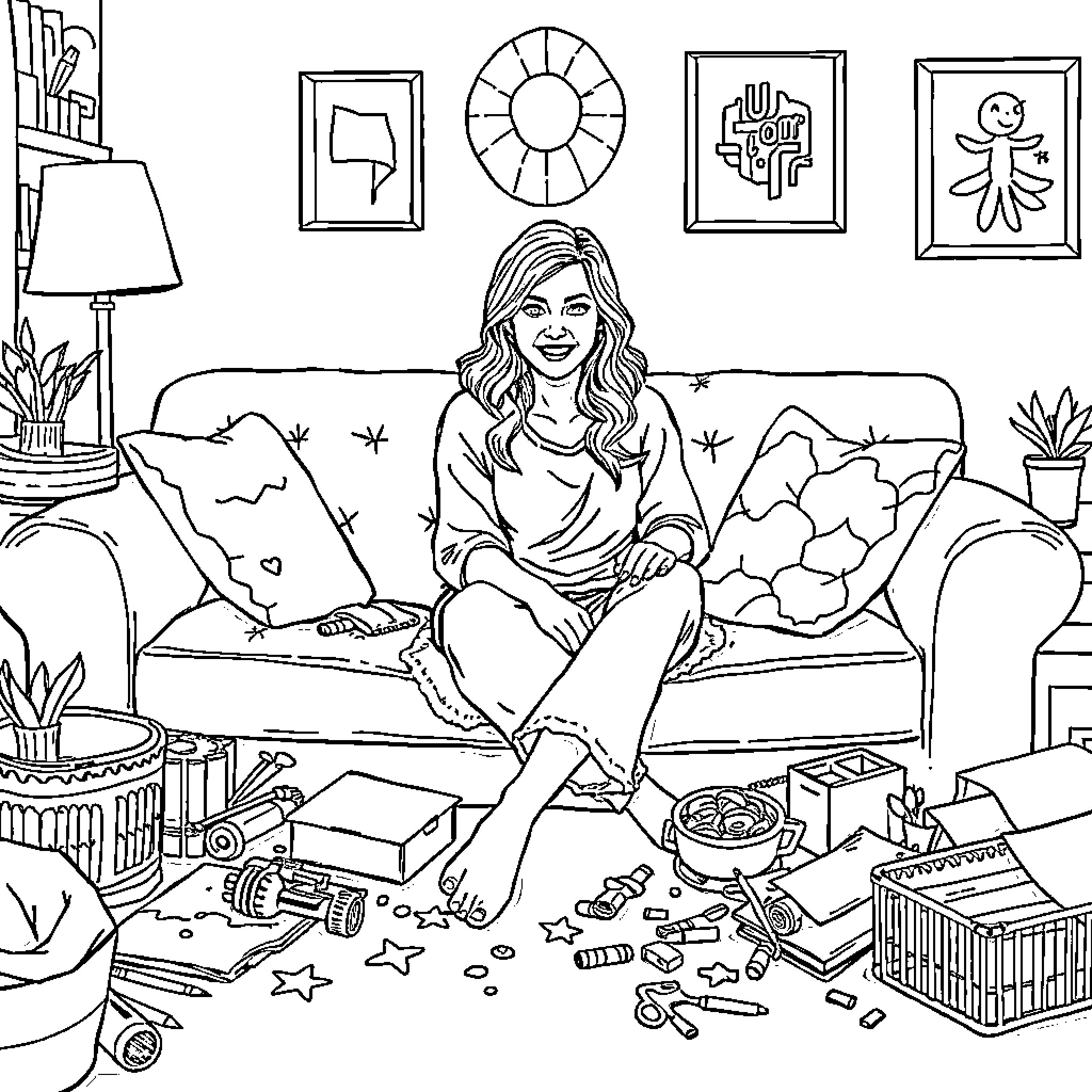 Mom relaxing on couch surrounded by art and decor Coloring Page (free black-and-white line drawing printable PDF for all, from beginners to advanced learners, including children, teens, adults, and seniors)