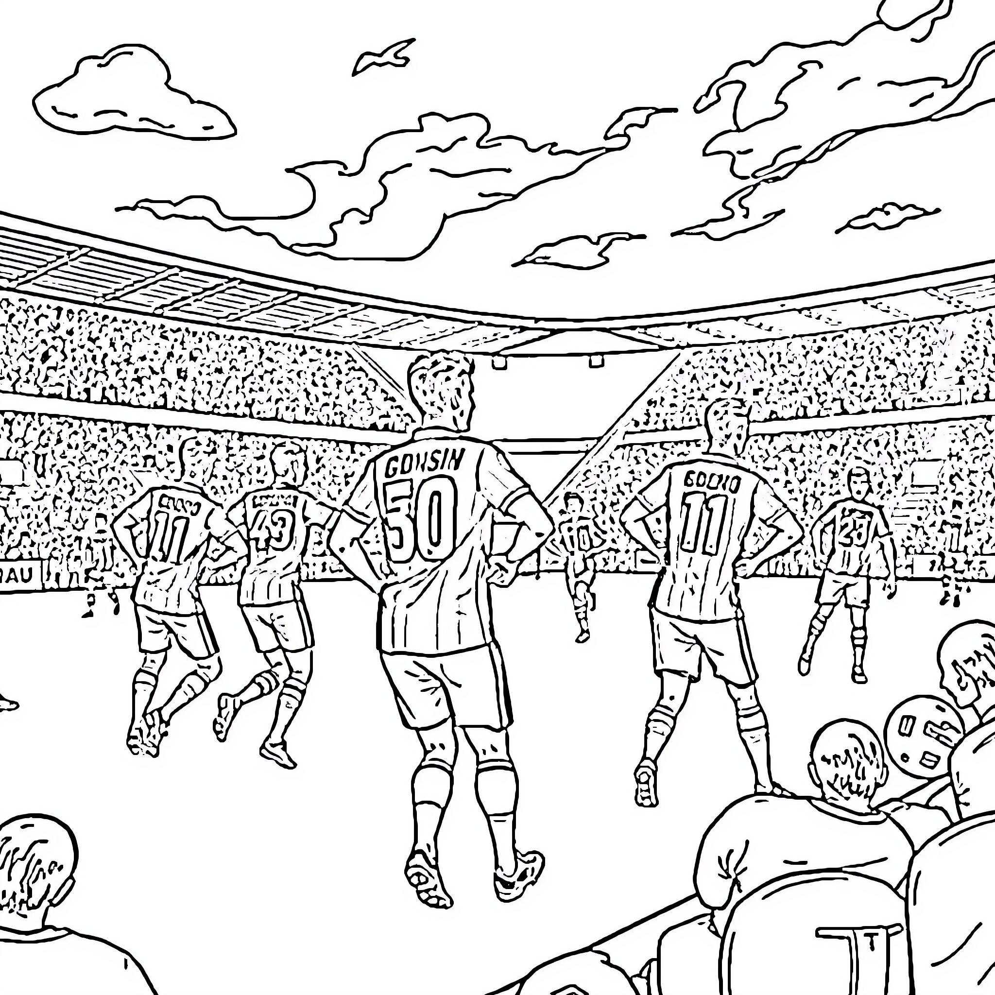 Boca Juniors players in action on the field Coloring Page (free black-and-white line drawing printable PDF for all, from beginners to advanced learners, including children, teens, adults, and seniors)