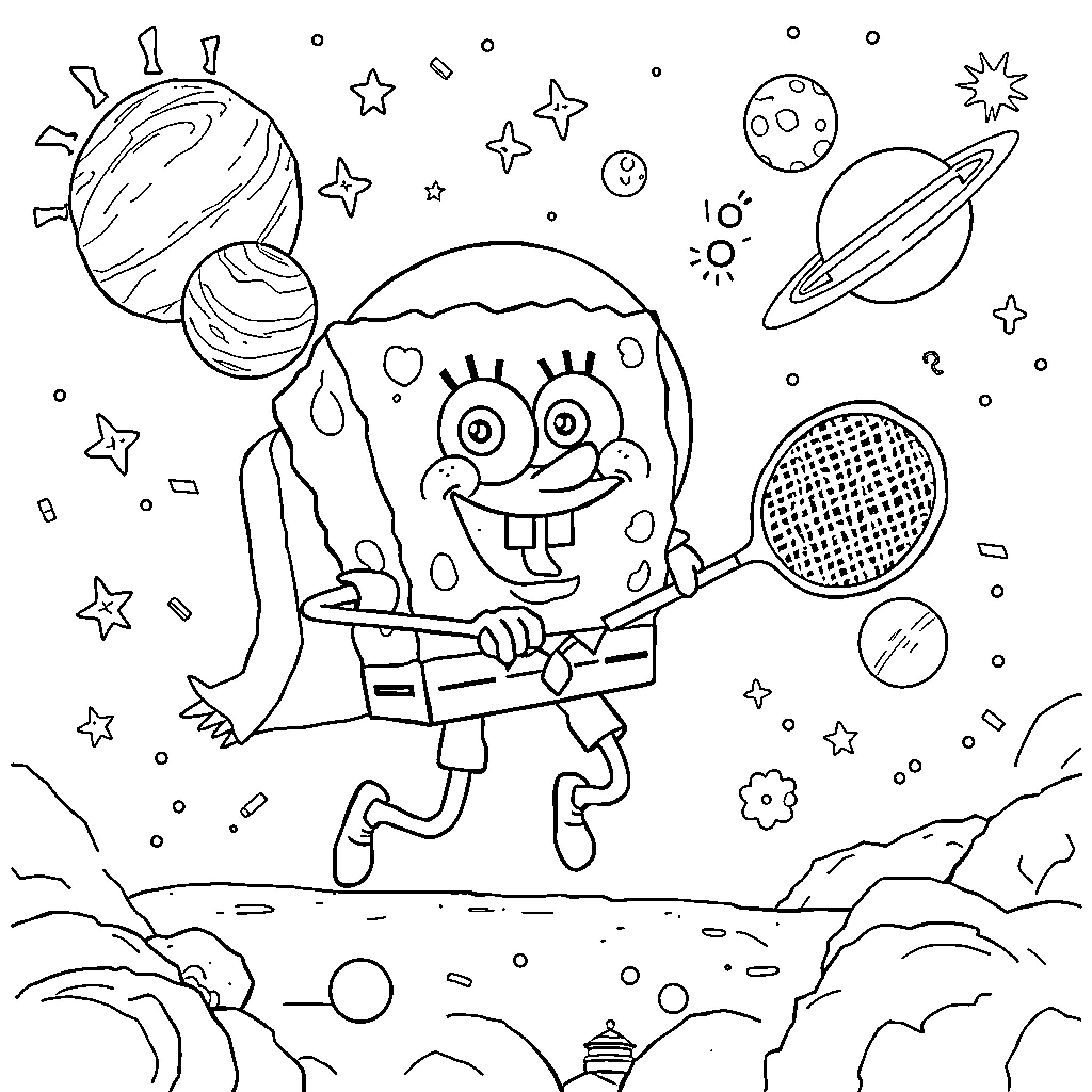 Spongebob exploring the cosmos with joy Coloring Page (free black-and-white line drawing printable PDF for all, from beginners to advanced learners, including children, teens, adults, and seniors)