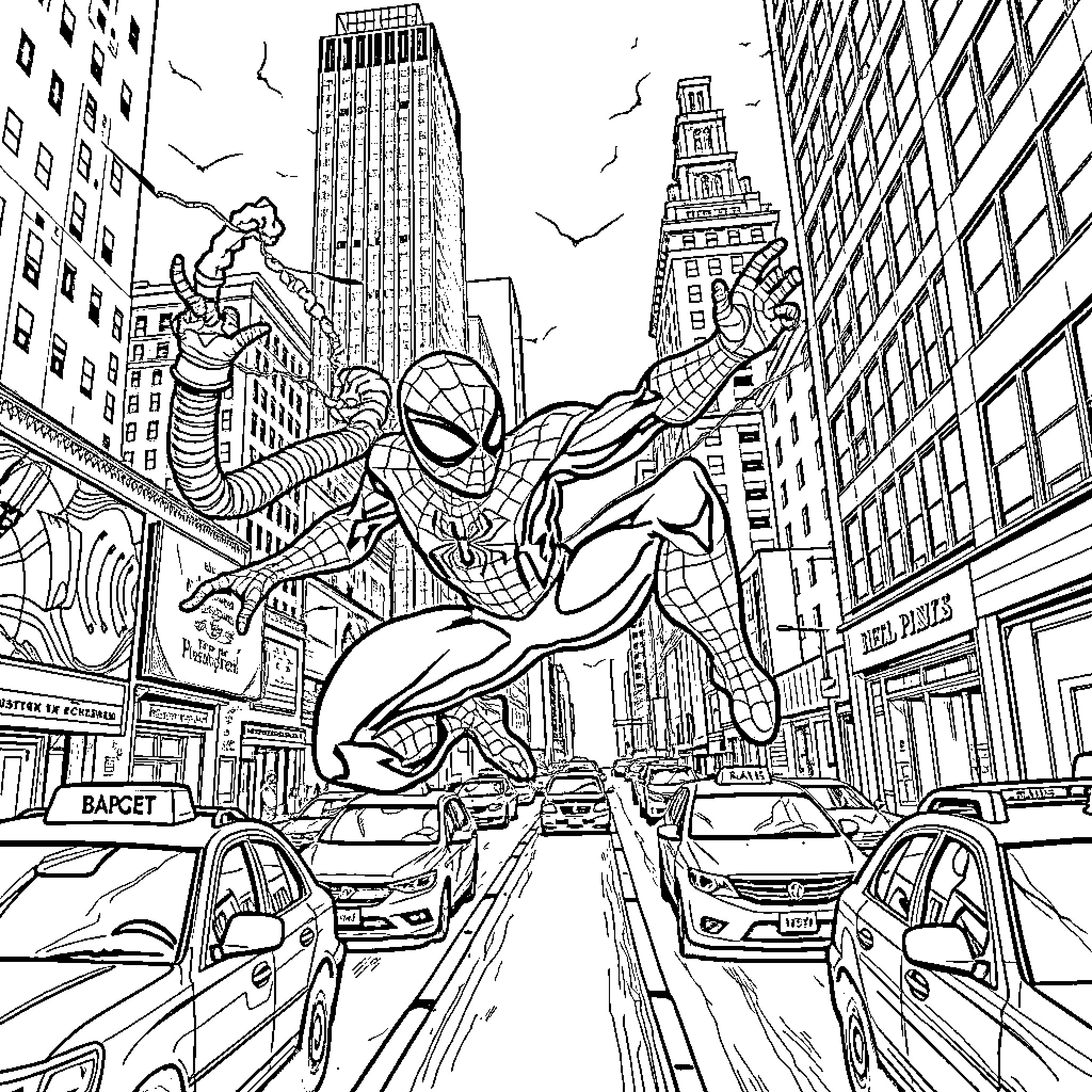 Spider-Man swinging through the busy city streets Coloring Page (free black-and-white line drawing printable PDF for all, from beginners to advanced learners, including children, teens, adults, and seniors)