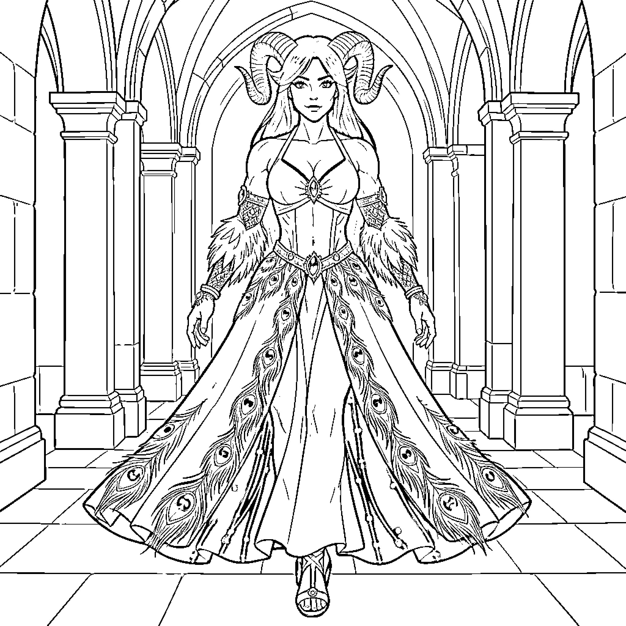 Demoness in elegant gown walking through stone arches Coloring Page (free black-and-white line drawing printable PDF for all, from beginners to advanced learners, including children, teens, adults, and seniors)