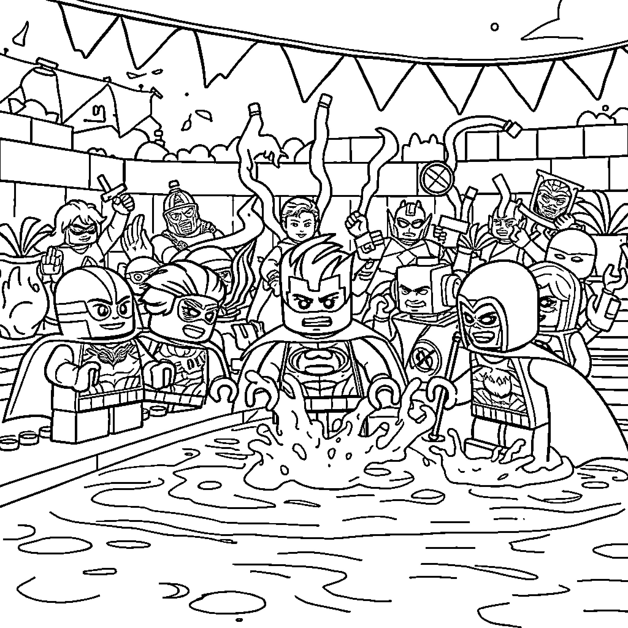 Superhero Pool Party Celebration Coloring Page (free black-and-white line drawing printable PDF for all, from beginners to advanced learners, including children, teens, adults, and seniors)