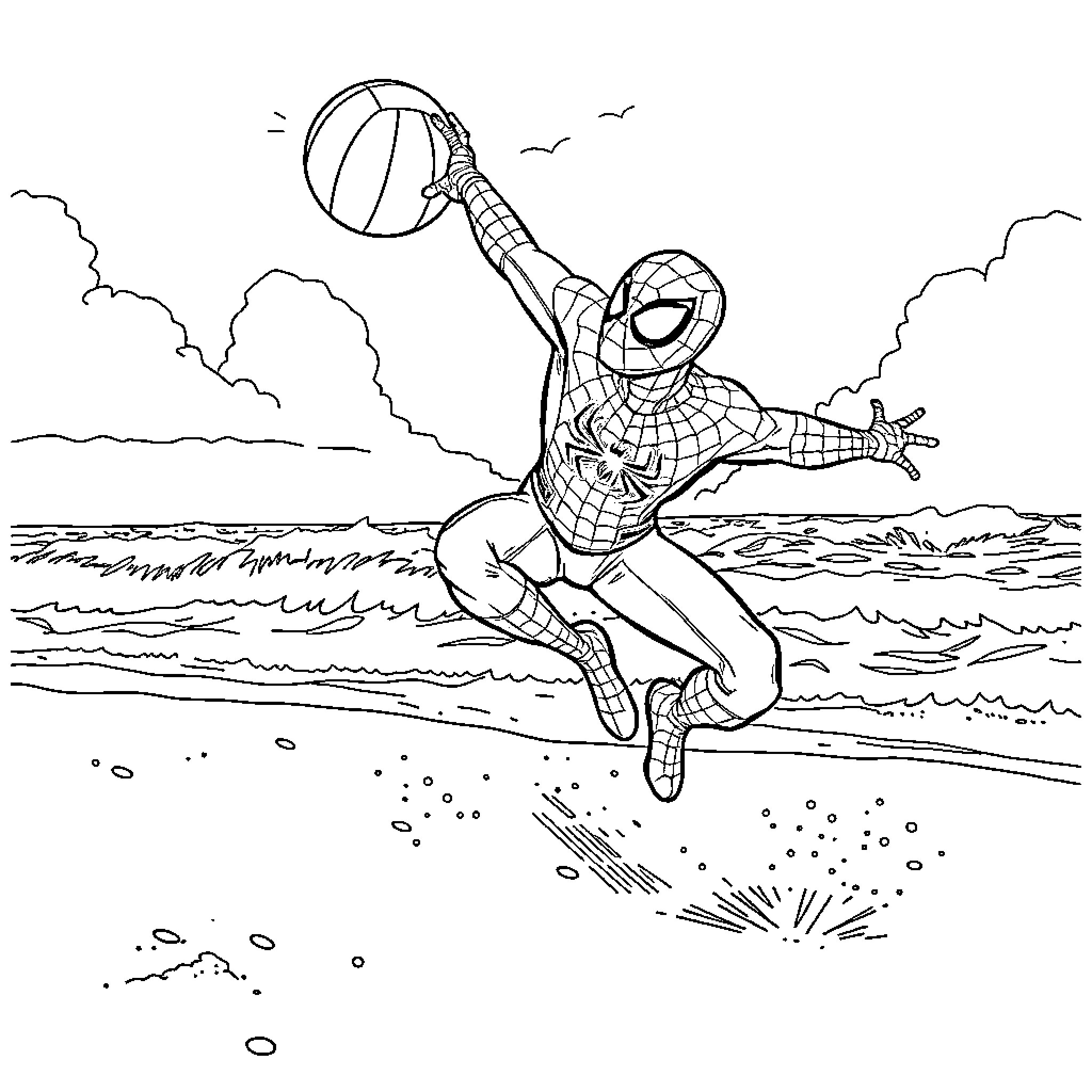 Spiderman swinging on web in beach scene Coloring Page (free black-and-white line drawing printable PDF for all, from beginners to advanced learners, including children, teens, adults, and seniors)