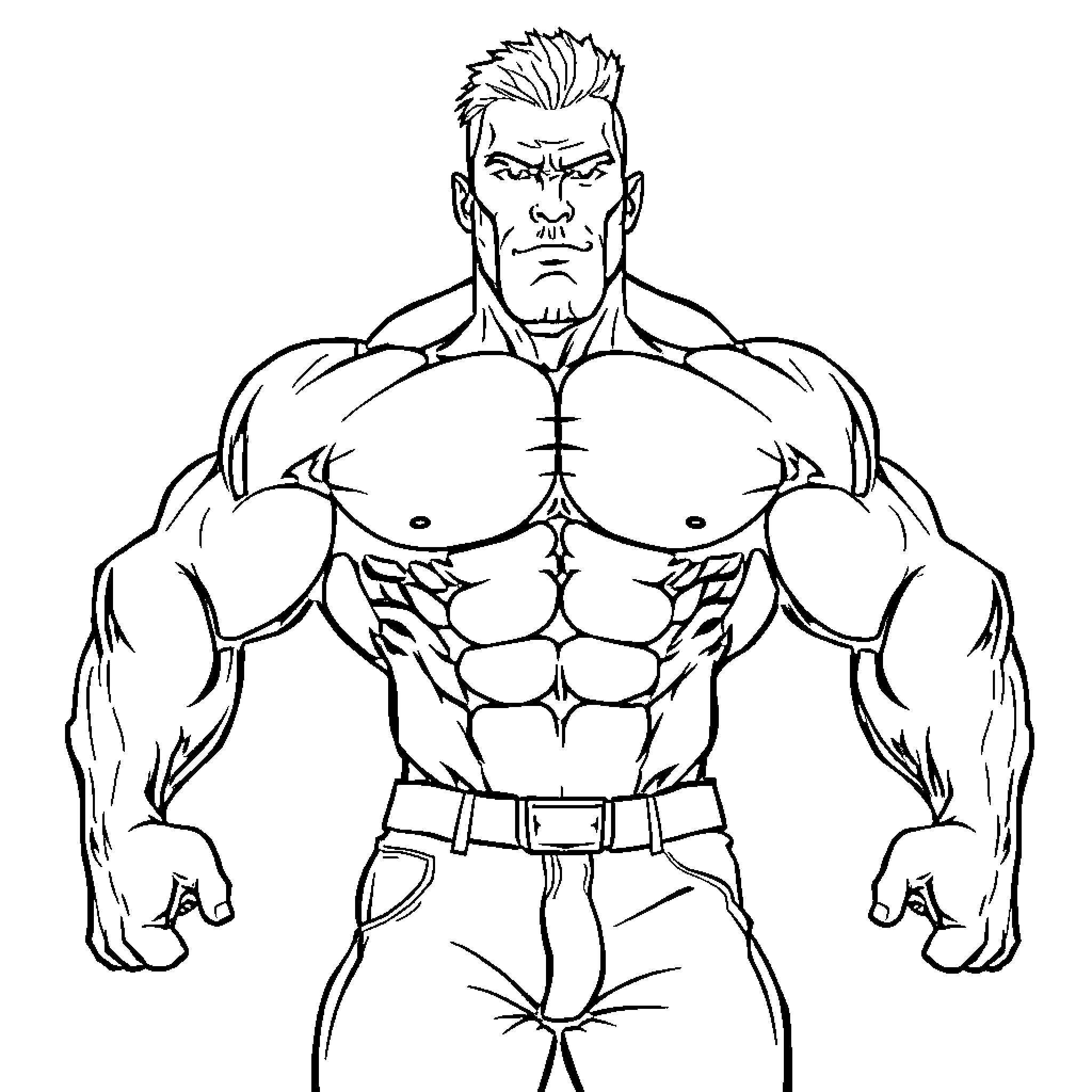 Muscular Man with Determined Facial Expression Coloring Page (free black-and-white line drawing printable PDF for all, from beginners to advanced learners, including children, teens, adults, and seniors)